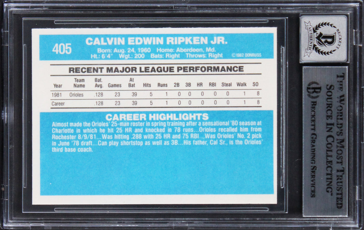 Orioles Cal Ripken Jr. Signed 1982 Donruss #405 Card Auto Graded 10! BAS Slabbed