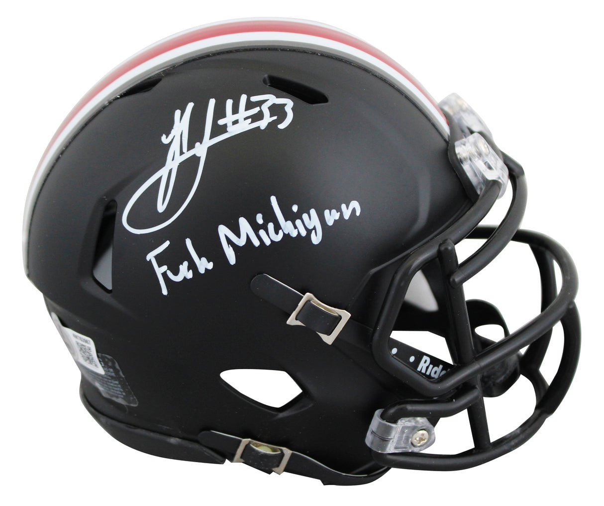 OSU Jack Sawyer "F*** Michigan" Signed Black Speed Mini Helmet W/ Case BAS Wit