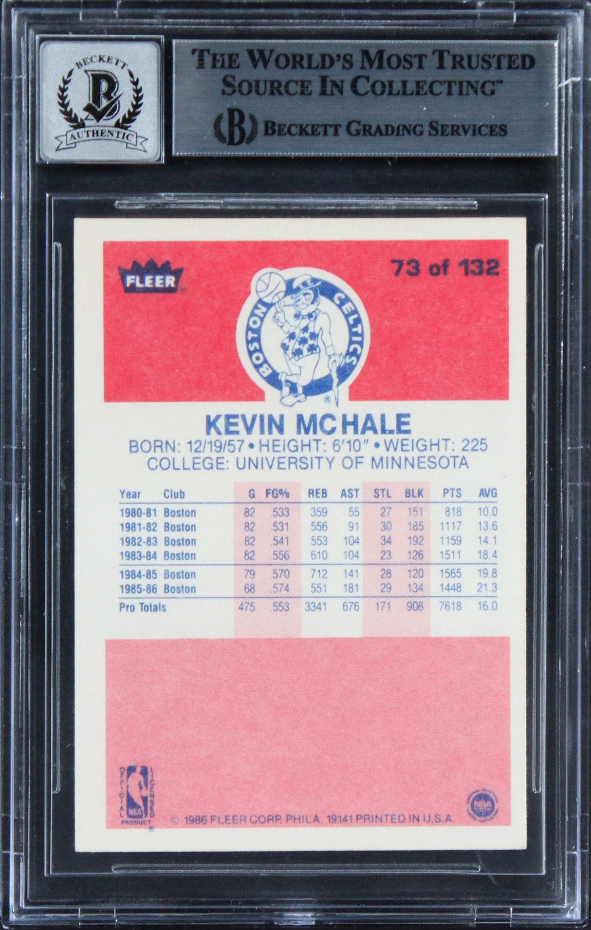 Celtics Kevin McHale Signed 1986 Fleer #73 Card Auto Graded Mint 10! BAS Slabbed