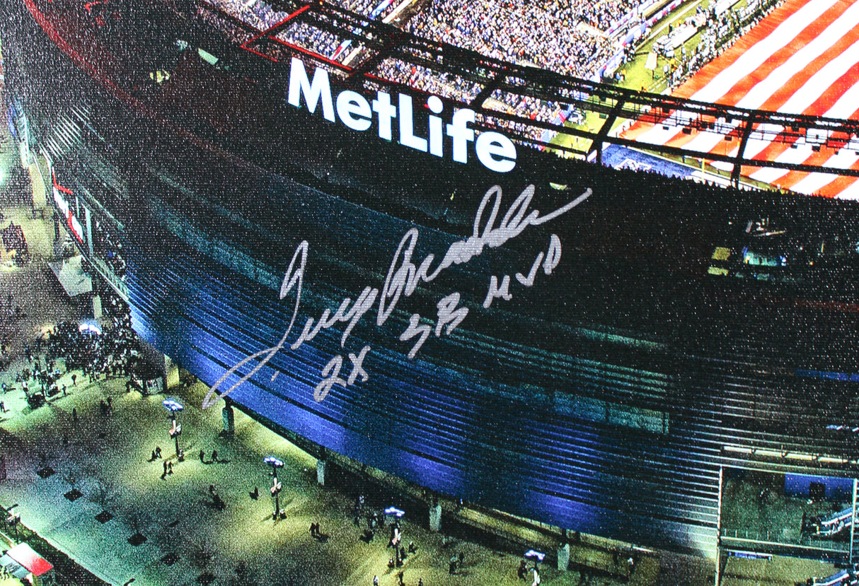 SB MVPs (4) Brady, Montana, Bradshaw & Manning Signed & Framed 28x32 Canvas BAS