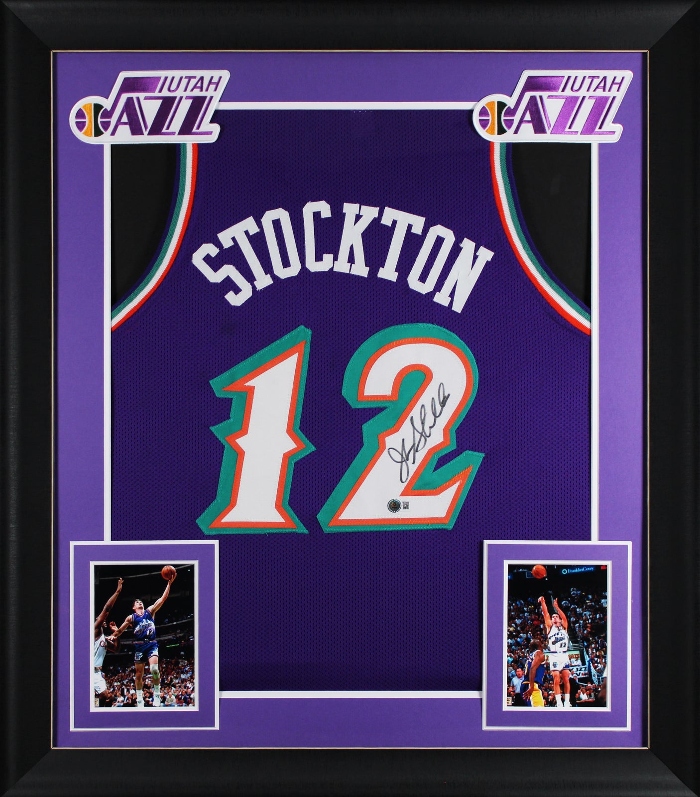 John Stockton Authentic Signed Purple Pro Style Framed Jersey BAS Witnessed