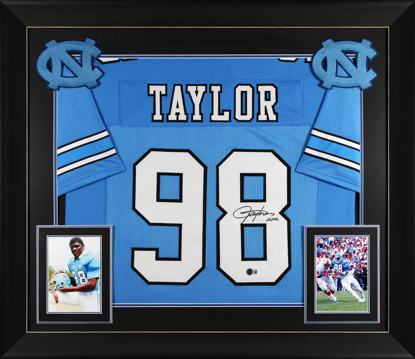 Lawrence Taylor "UNC " Signed Light Blue Pro Style Framed Jersey BAS Witnessed