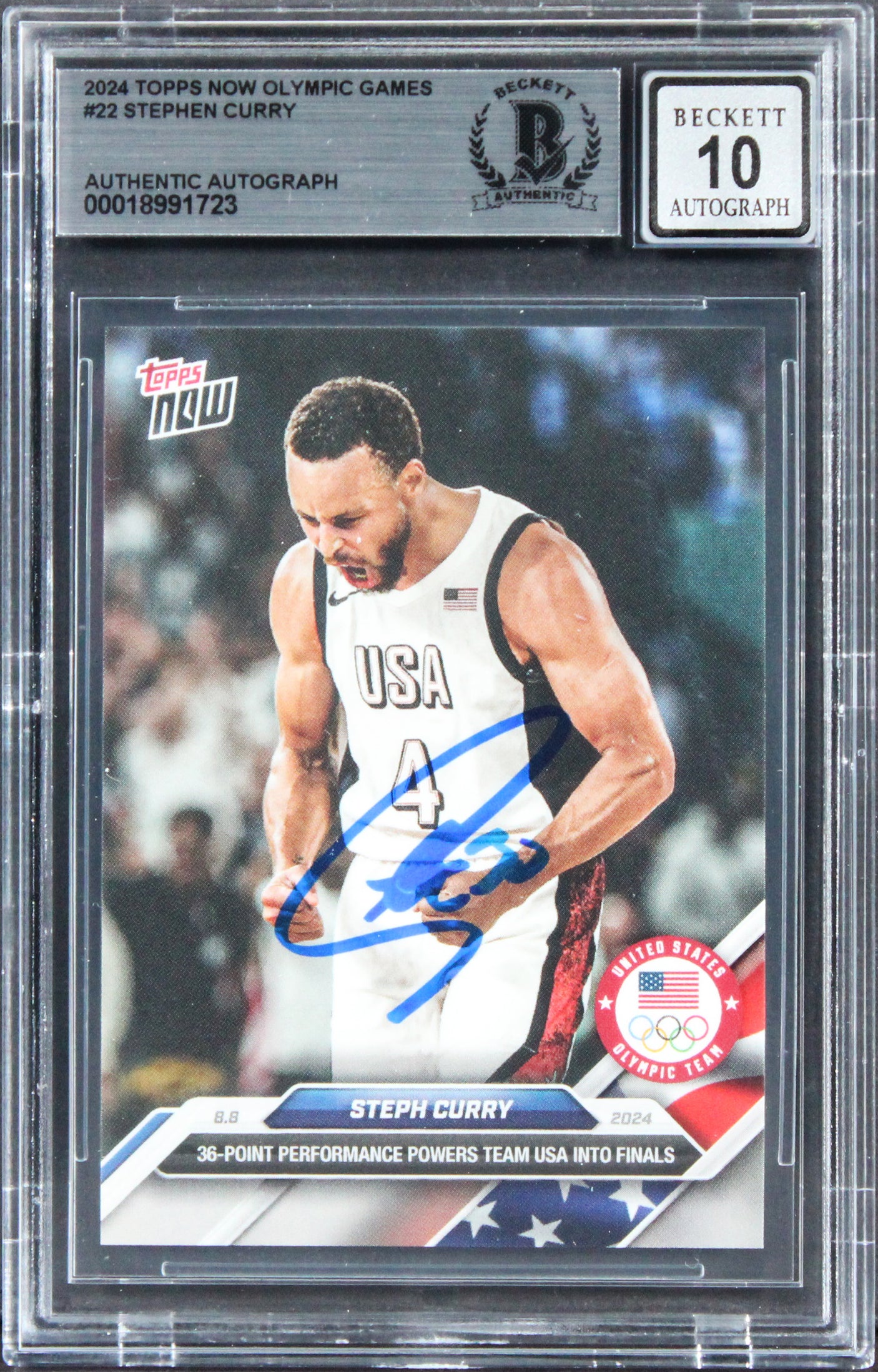 Warriors Steph Curry Signed 2024 Topps Olympic Games #22 Card Auto 10! BAS Slab