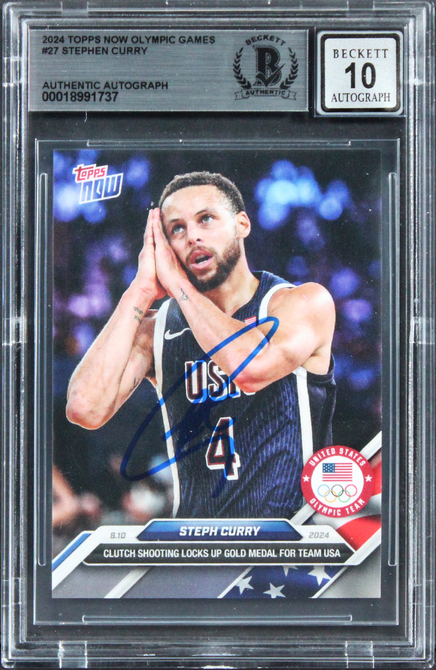 Warriors Steph Curry Signed 2024 Topps Olympic Games #27 Card Auto 10! BAS Slab