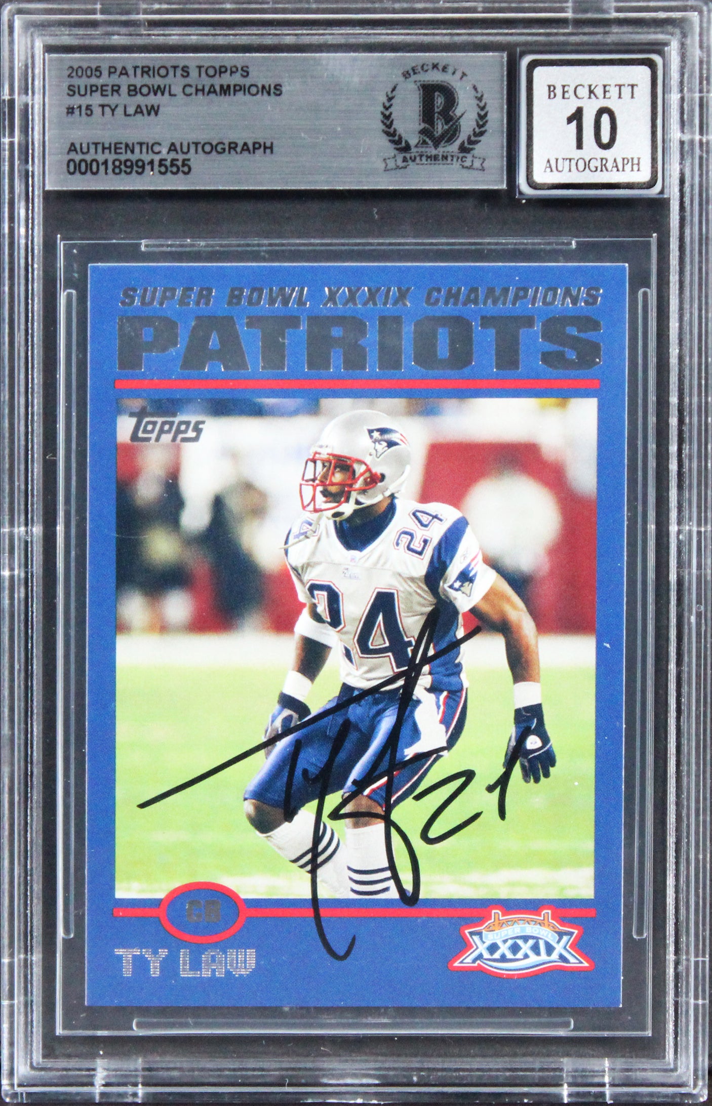 Patriots Ty Law Signed 2005 Topps SB Champs #15 Card Auto Graded 10! BAS Slabbed