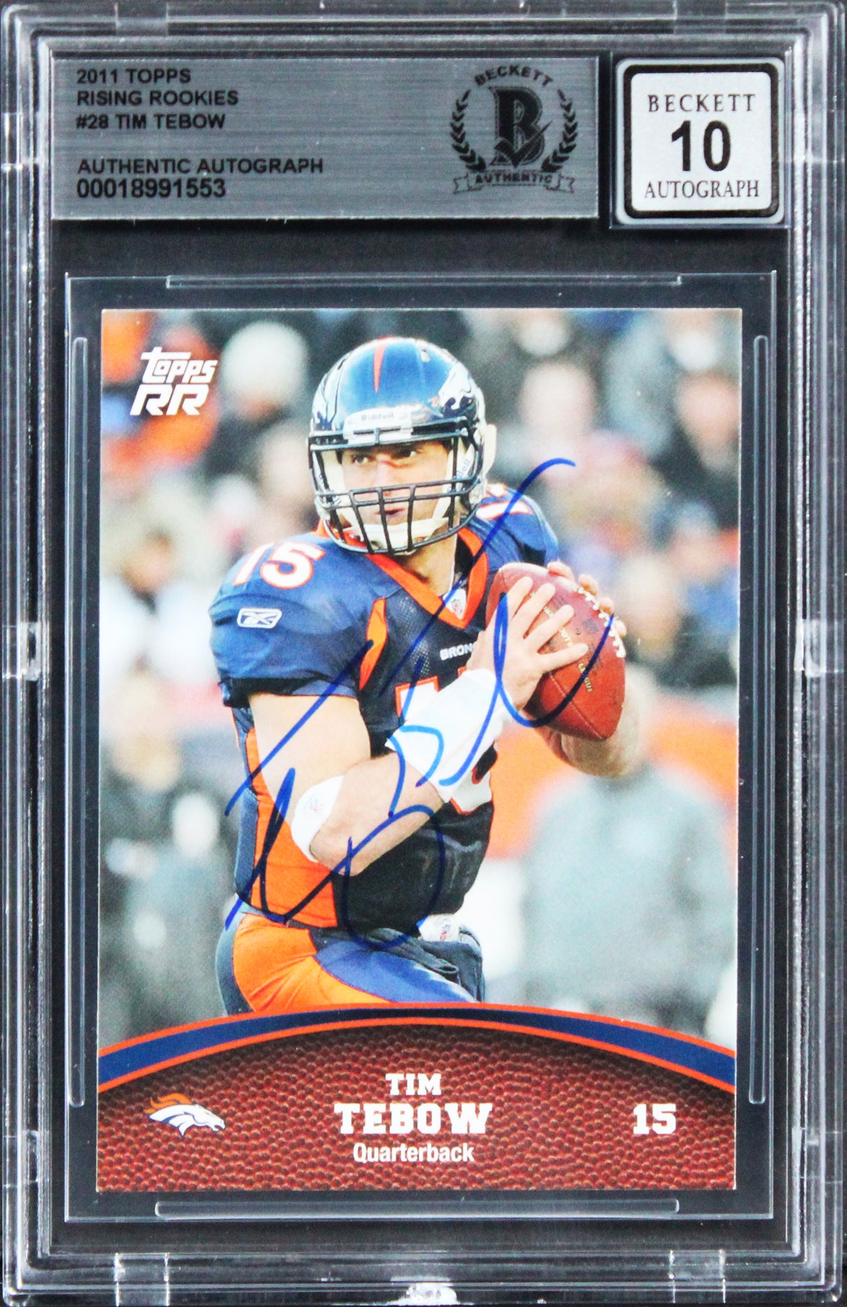 Broncos Tim Tebow Signed 2011 Topps Rising Rookies #28 Card Auto 10! BAS Slabbed