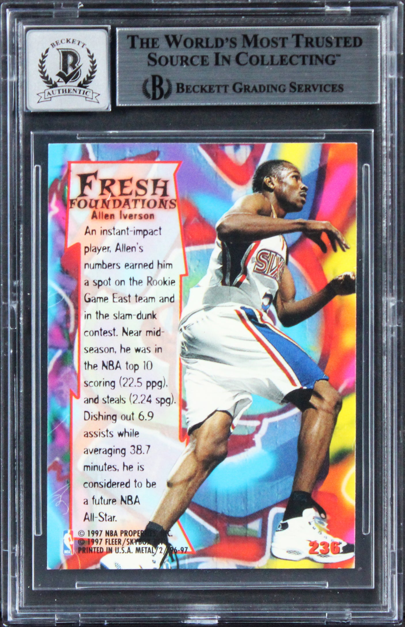 76ers Allen Iverson Signed 1996 Metal #236 Rookie Card Auto Mint 10! BAS Slabbed