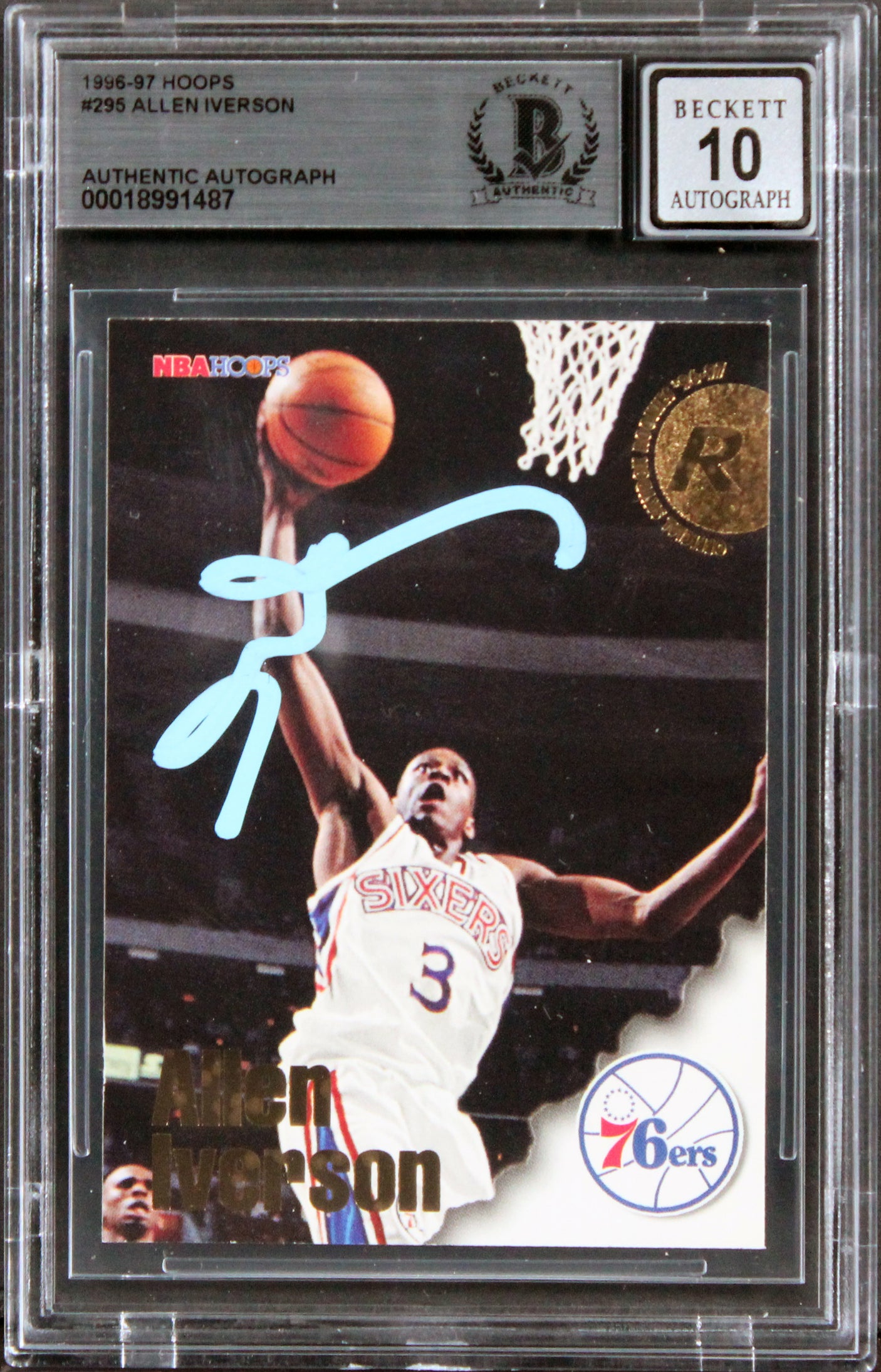 76ers Allen Iverson Signed 1996 Hoops #295 Rookie Card Auto Grade 10! BAS Slab