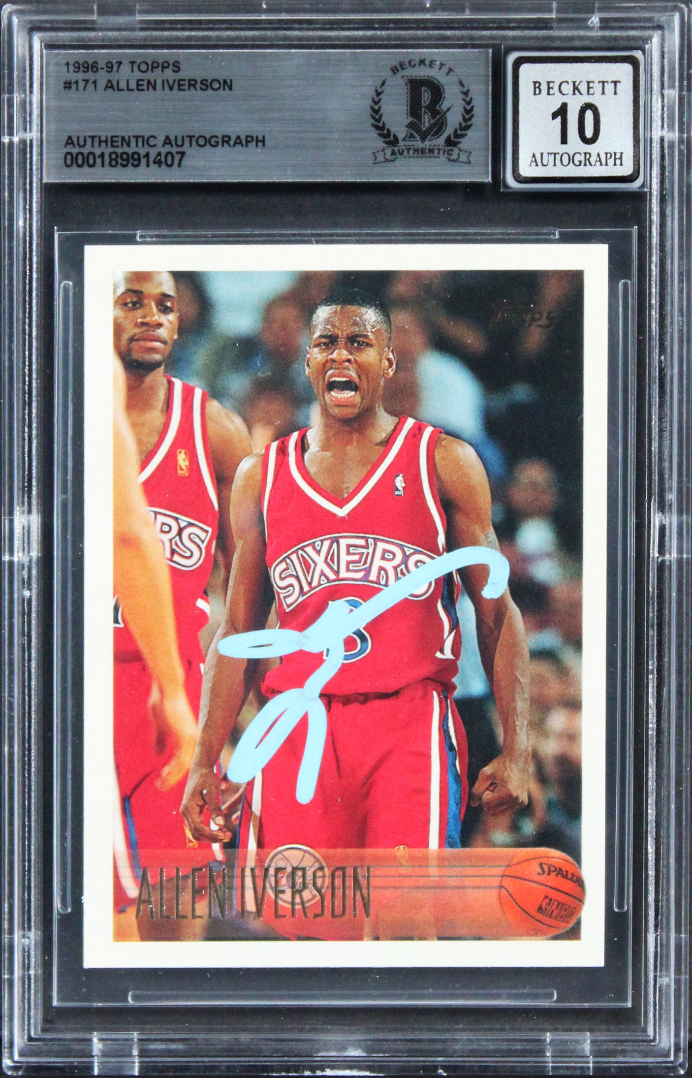 76ers Allen Iverson Signed 1996 Topps #171 Rookie Card Auto Graded 10! BAS Slab