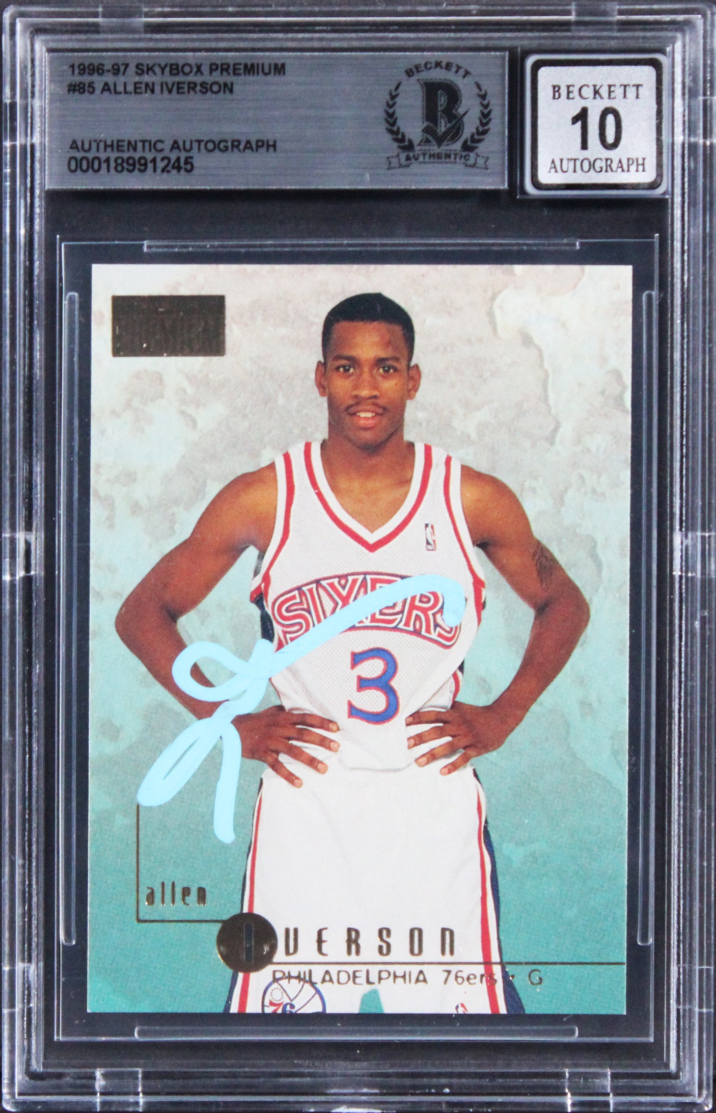 76ers Allen Iverson Signed 1996 Skybox Premium #85 Rookie Card Auto 10! BAS Slab