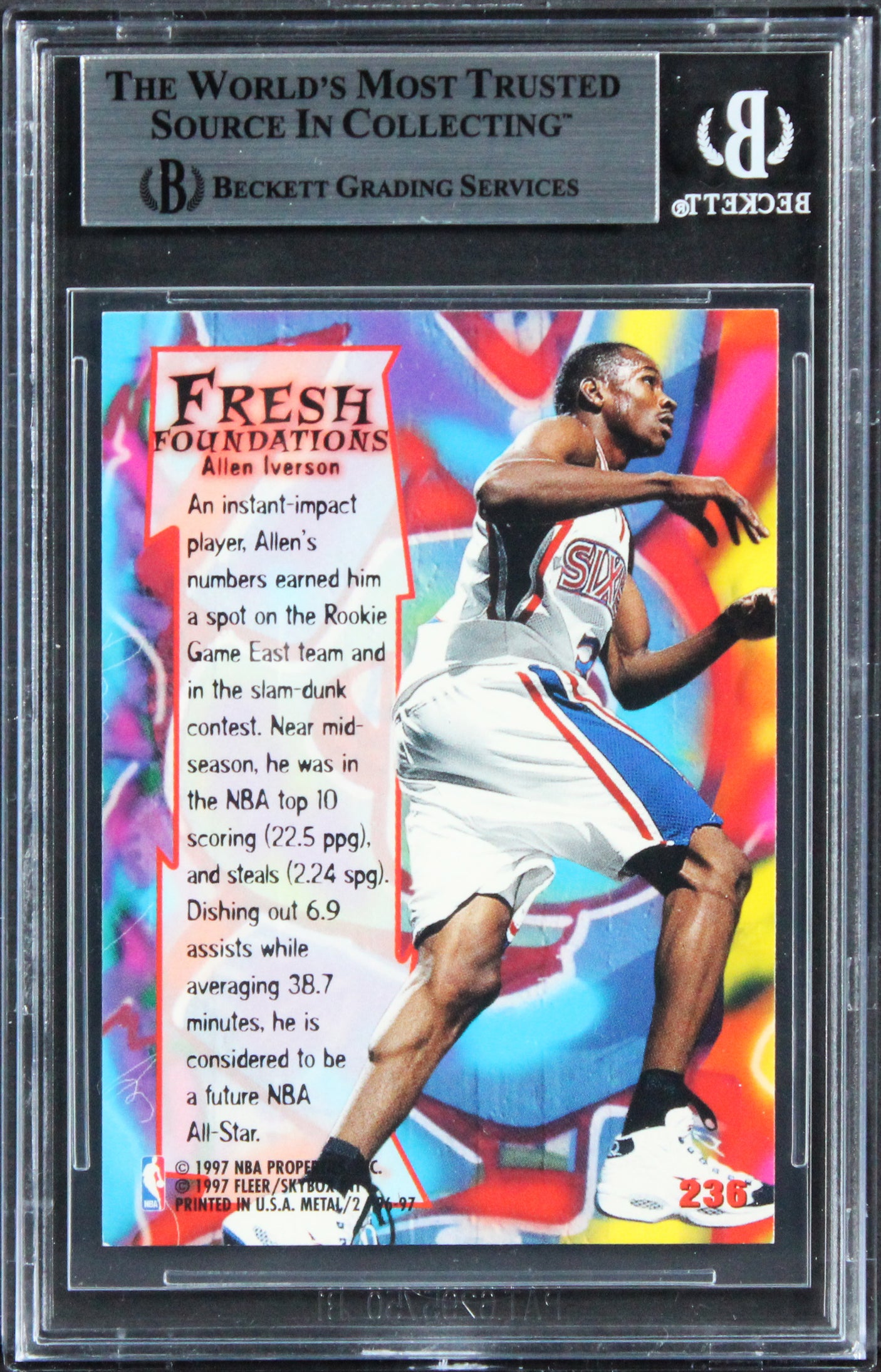 76ers Allen Iverson Authentic Signed 1996 Metal #236 Rookie Card BAS Slabbed