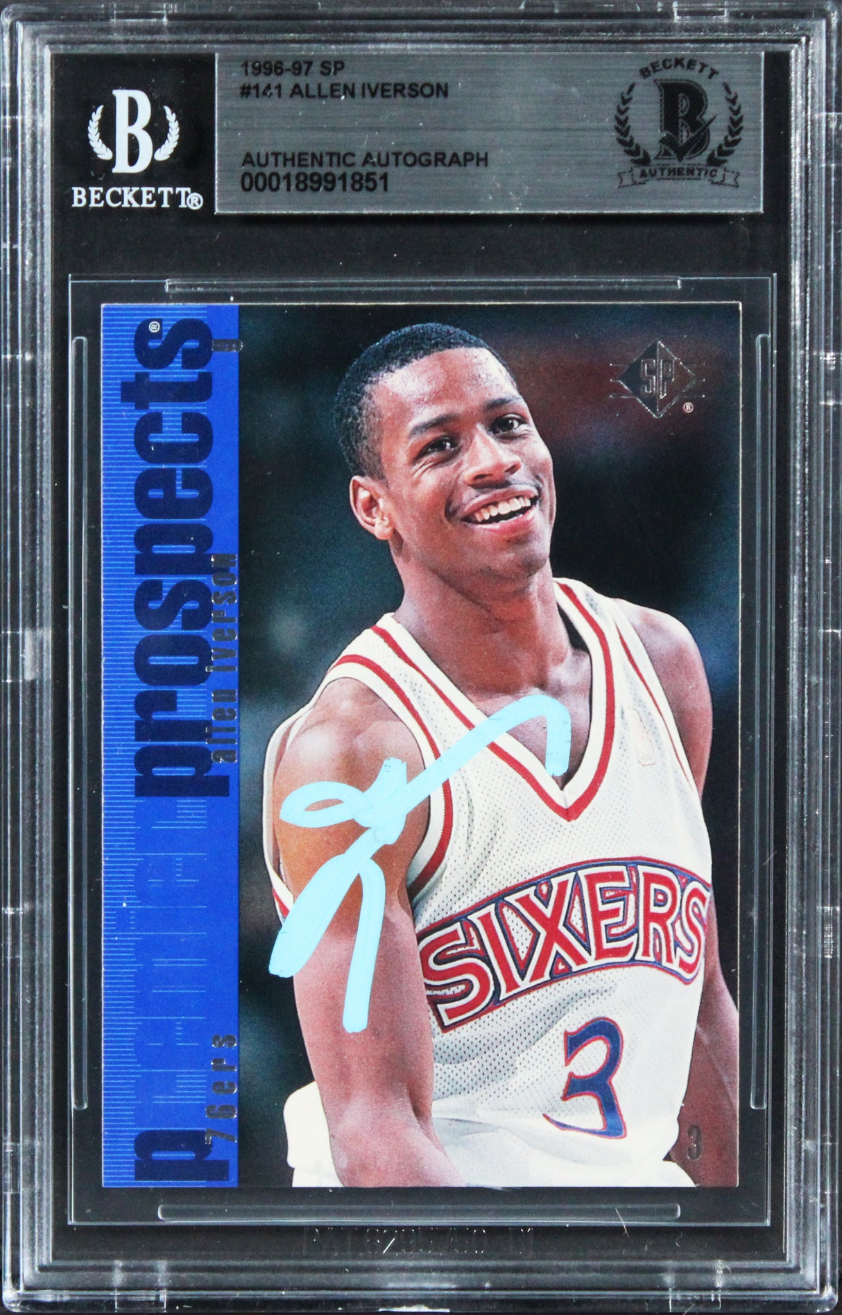 76ers Allen Iverson Authentic Signed 1996 SP #141 Rookie Card BAS Slabbed