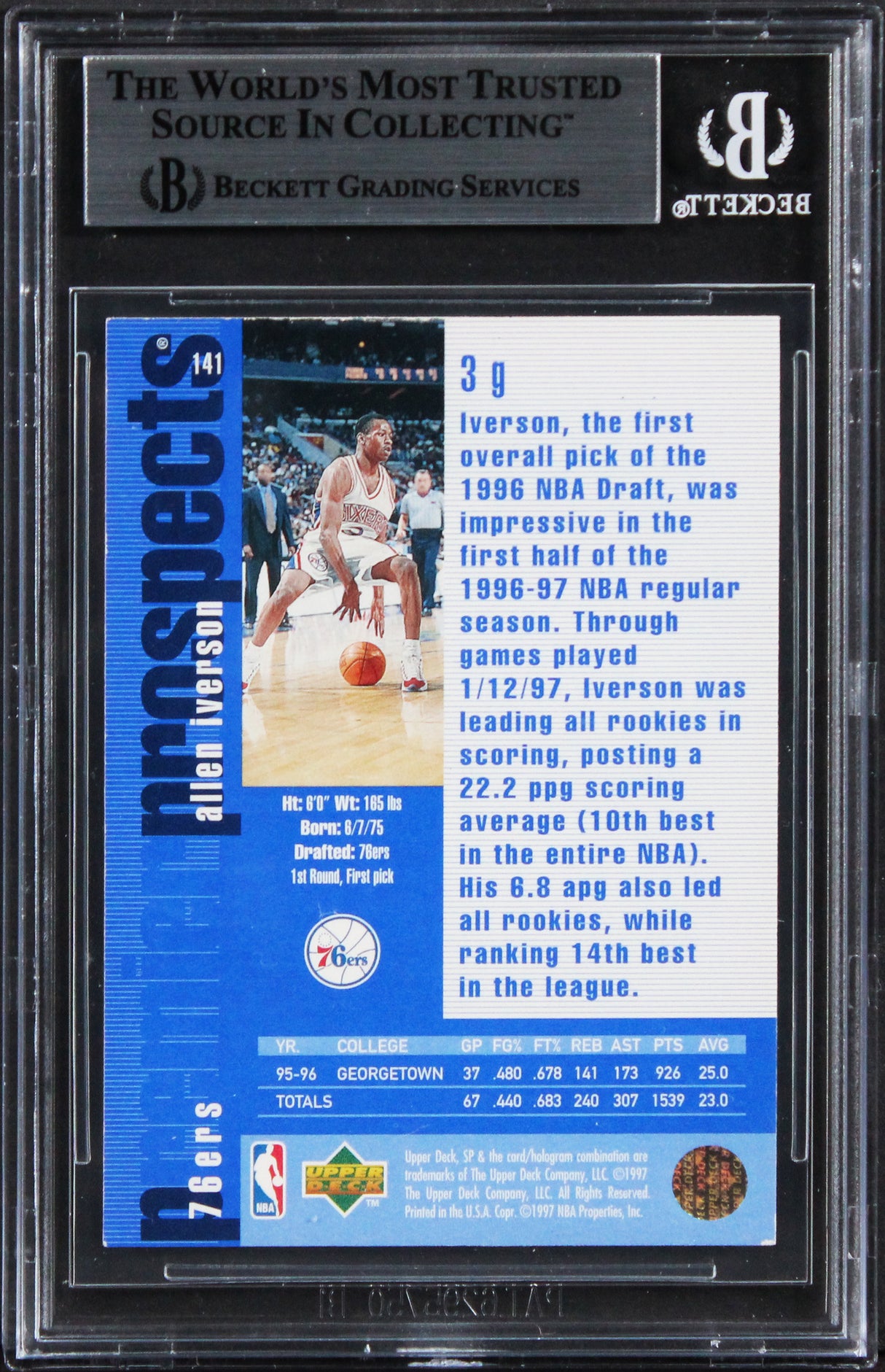 76ers Allen Iverson Authentic Signed 1996 SP #141 Rookie Card BAS Slabbed