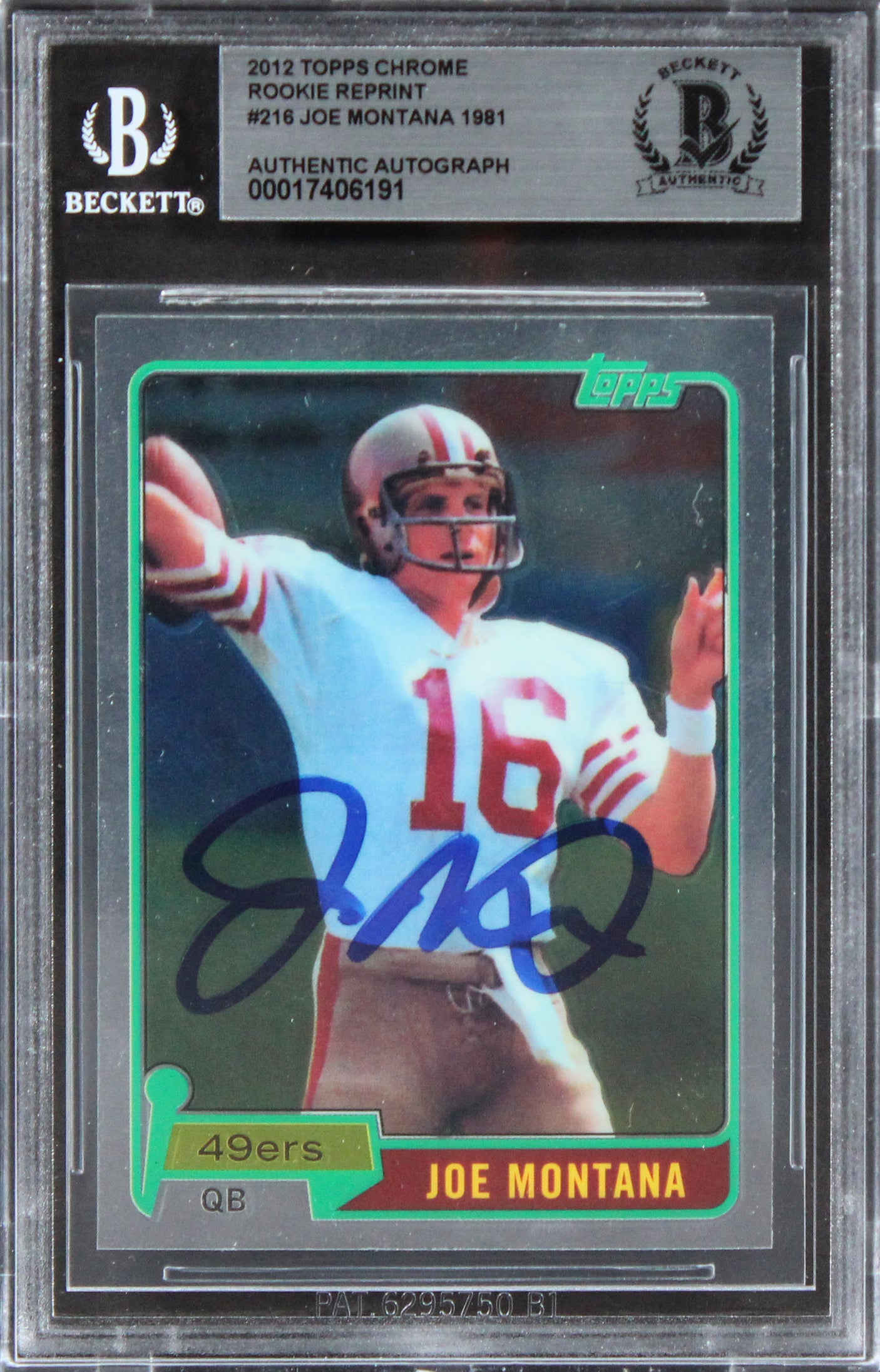 49ers Joe Montana Signed 2012 Topps Chrome Rookie Reprint #216 Card BAS Slabbed