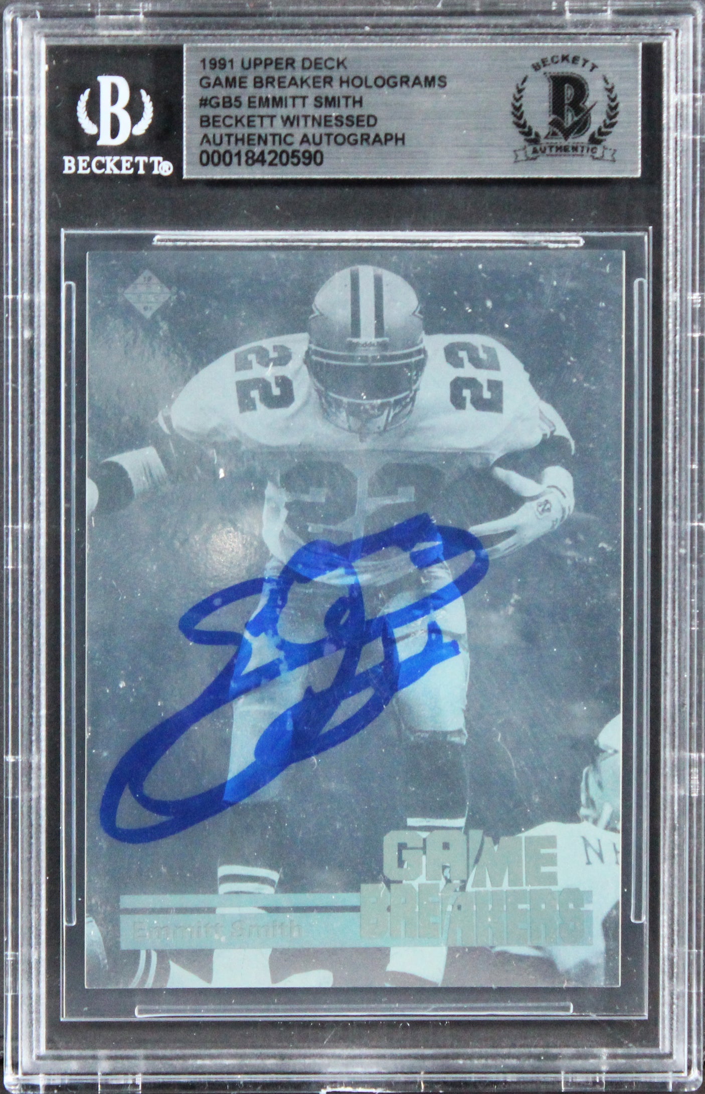 Cowboys Emmitt Smith Signed 1991 Upper Deck Game Breaker Holo #GB5 Card BAS Slab