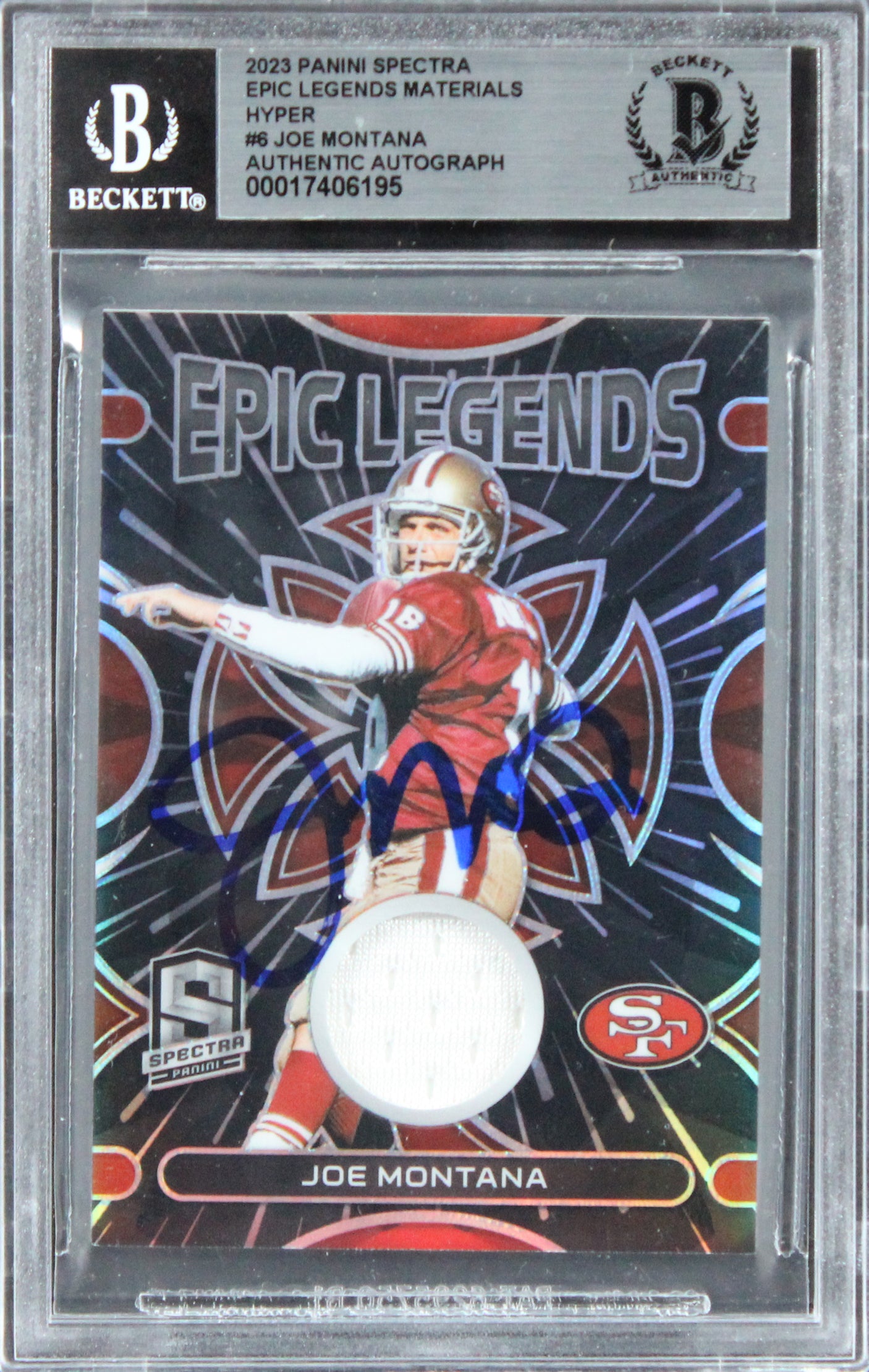 49ers Joe Montana Signed 2023 Panini Spectra ELM Hyper #6 #74/75 Card BAS Slab