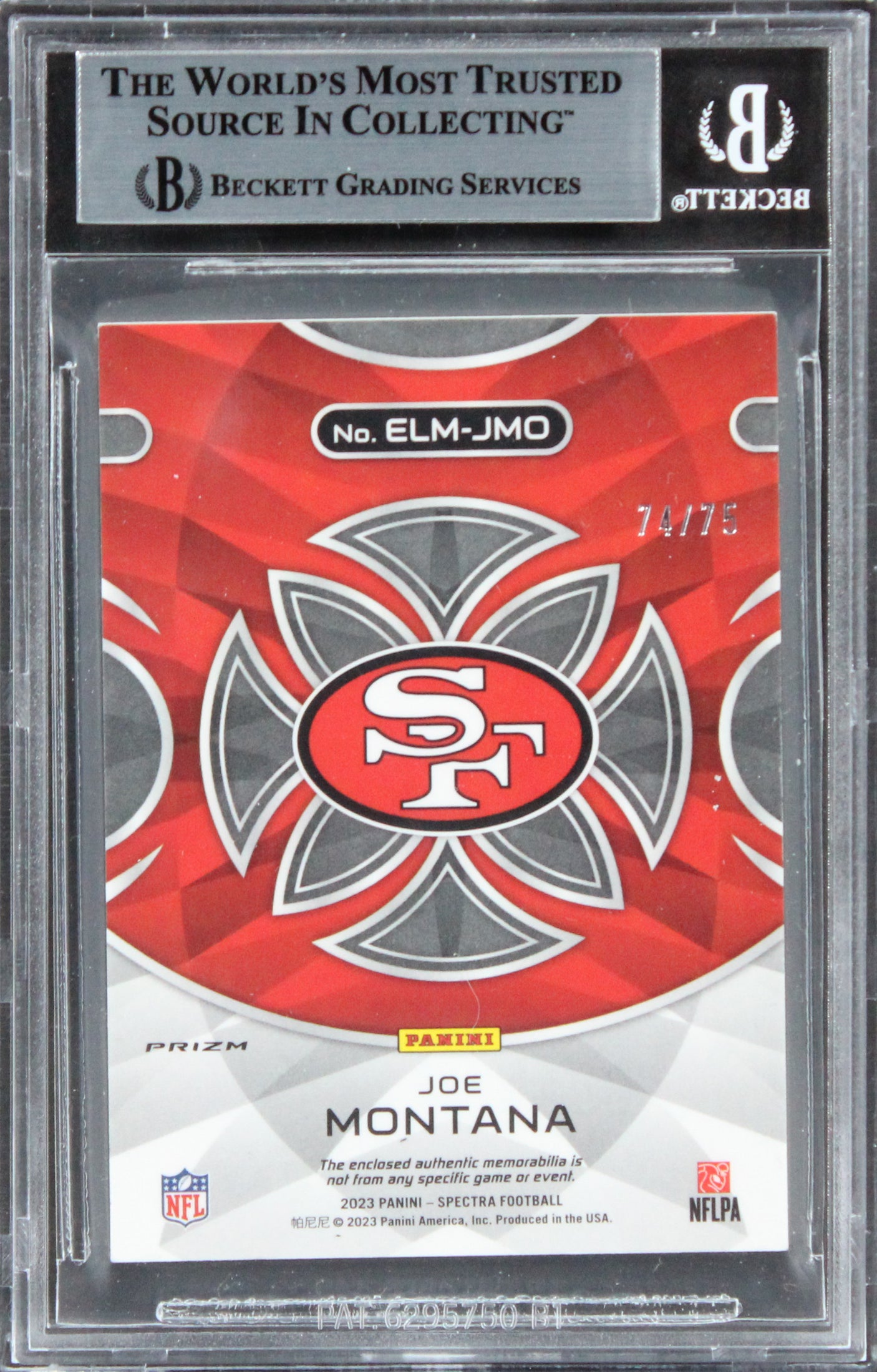 49ers Joe Montana Signed 2023 Panini Spectra ELM Hyper #6 #74/75 Card BAS Slab