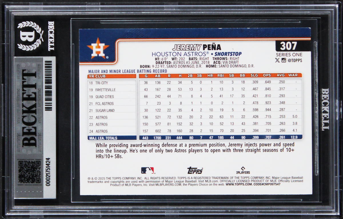 Astros Jeremy Pena Authentic Signed 2025 Topps #307 Card Autographed BAS Slabbed