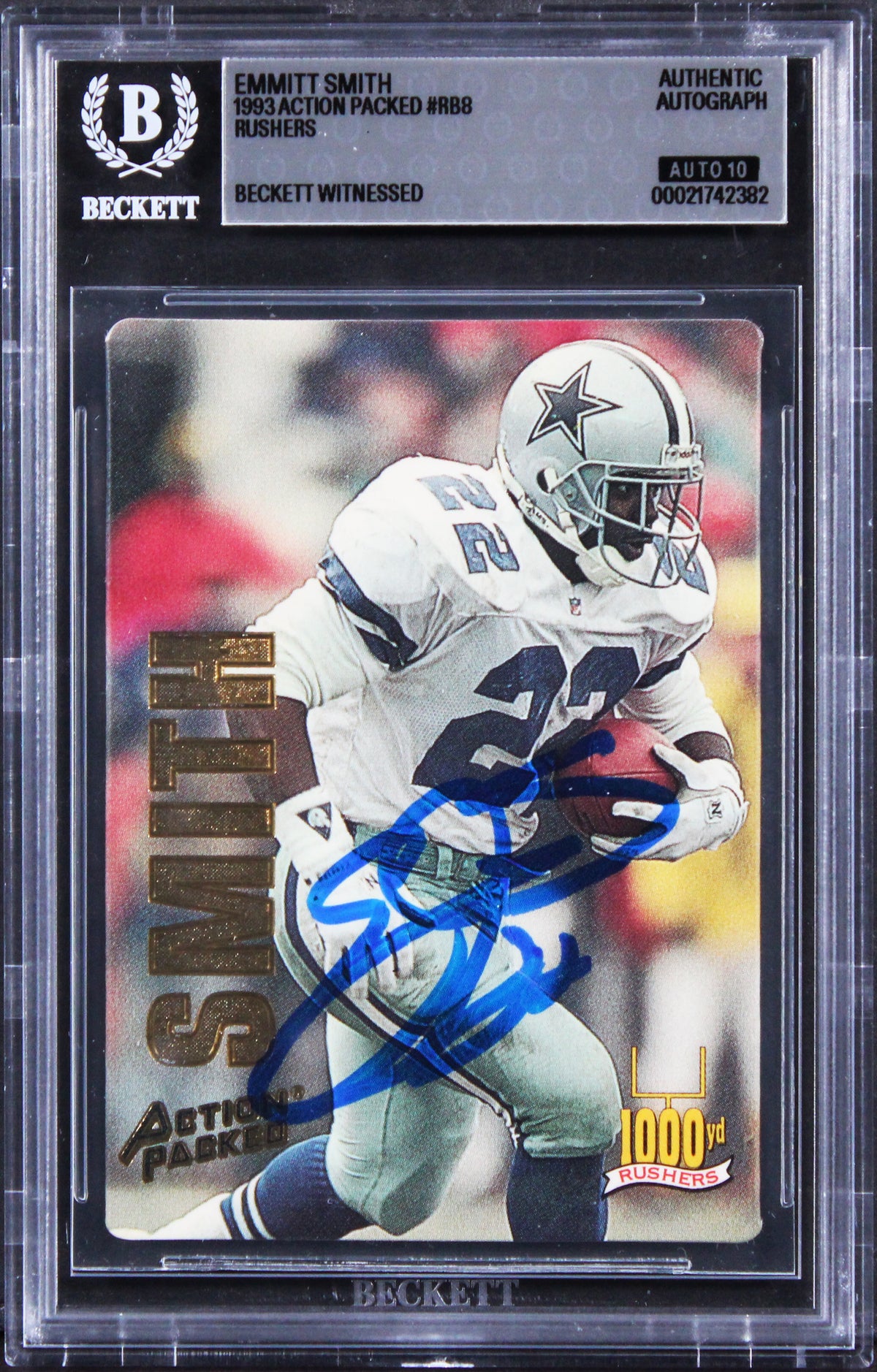 Cowboys Emmitt Smith Signed 1993 Action Packed #RB8 Card Auto GM 10! BAS Slabbed