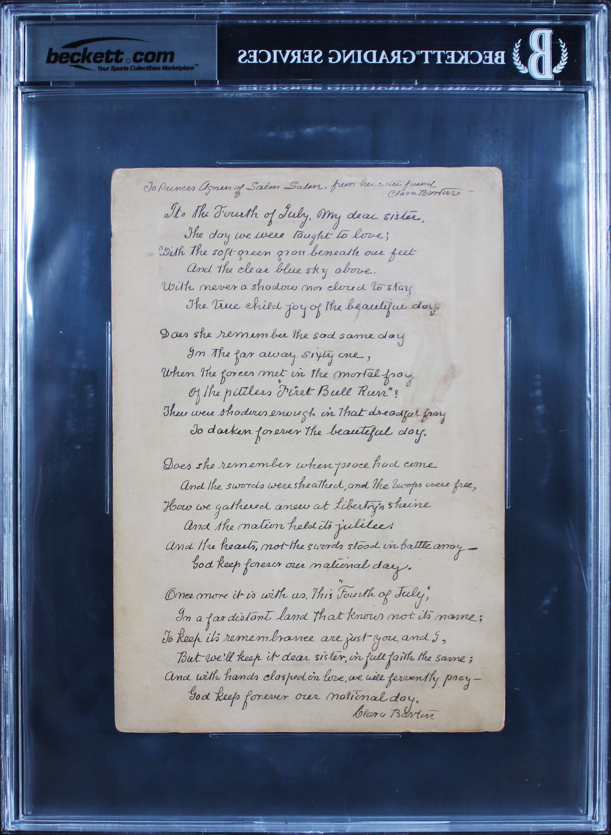 Clara Barton 2x Signed 6x8.75 1902 Boudoir Photo w Handwritten Poem BAS Slabbed