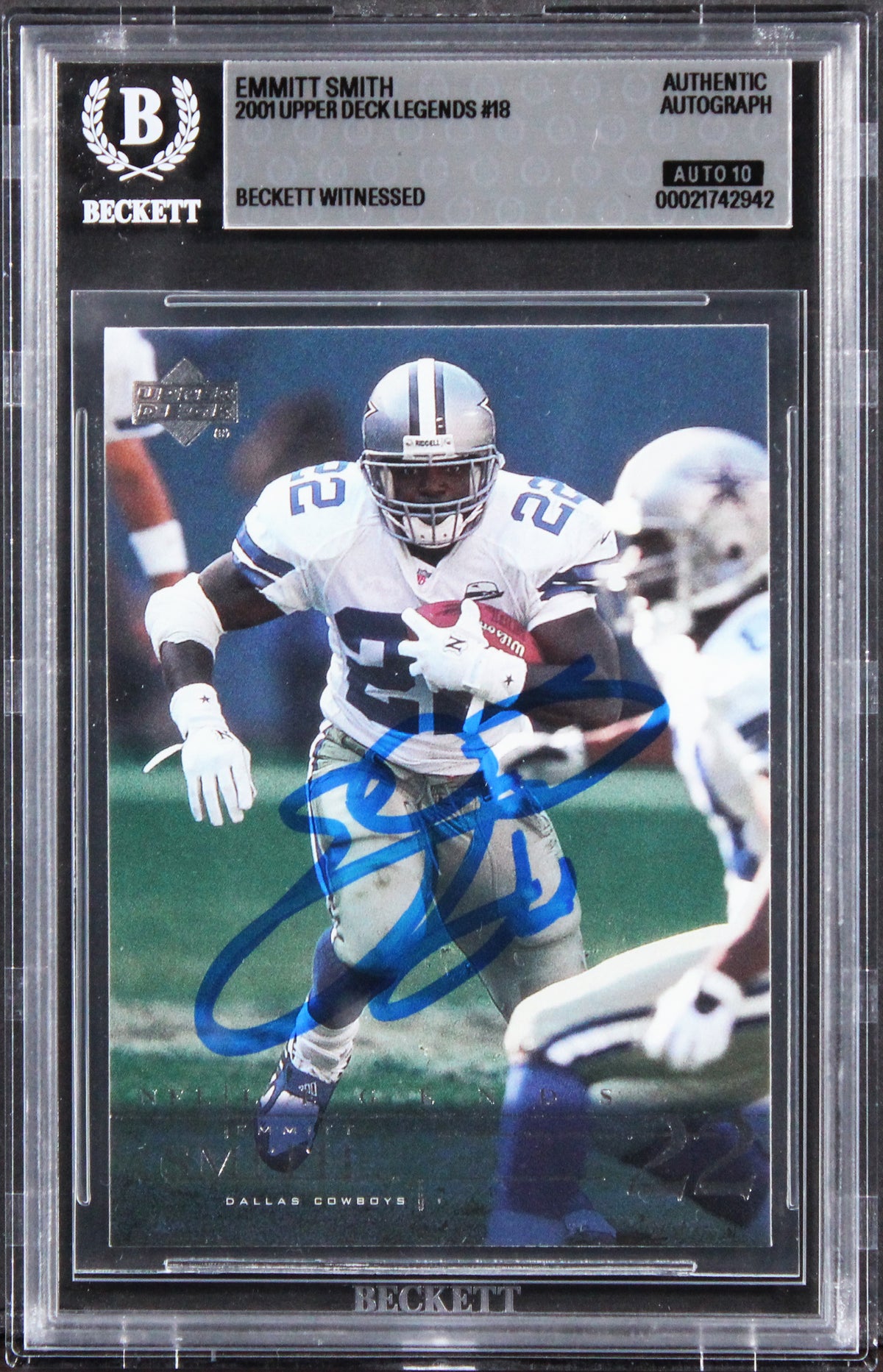Cowboys Emmitt Smith Signed 2001 Upper Deck Legends #18 Card Auto 10 BAS Slabbed