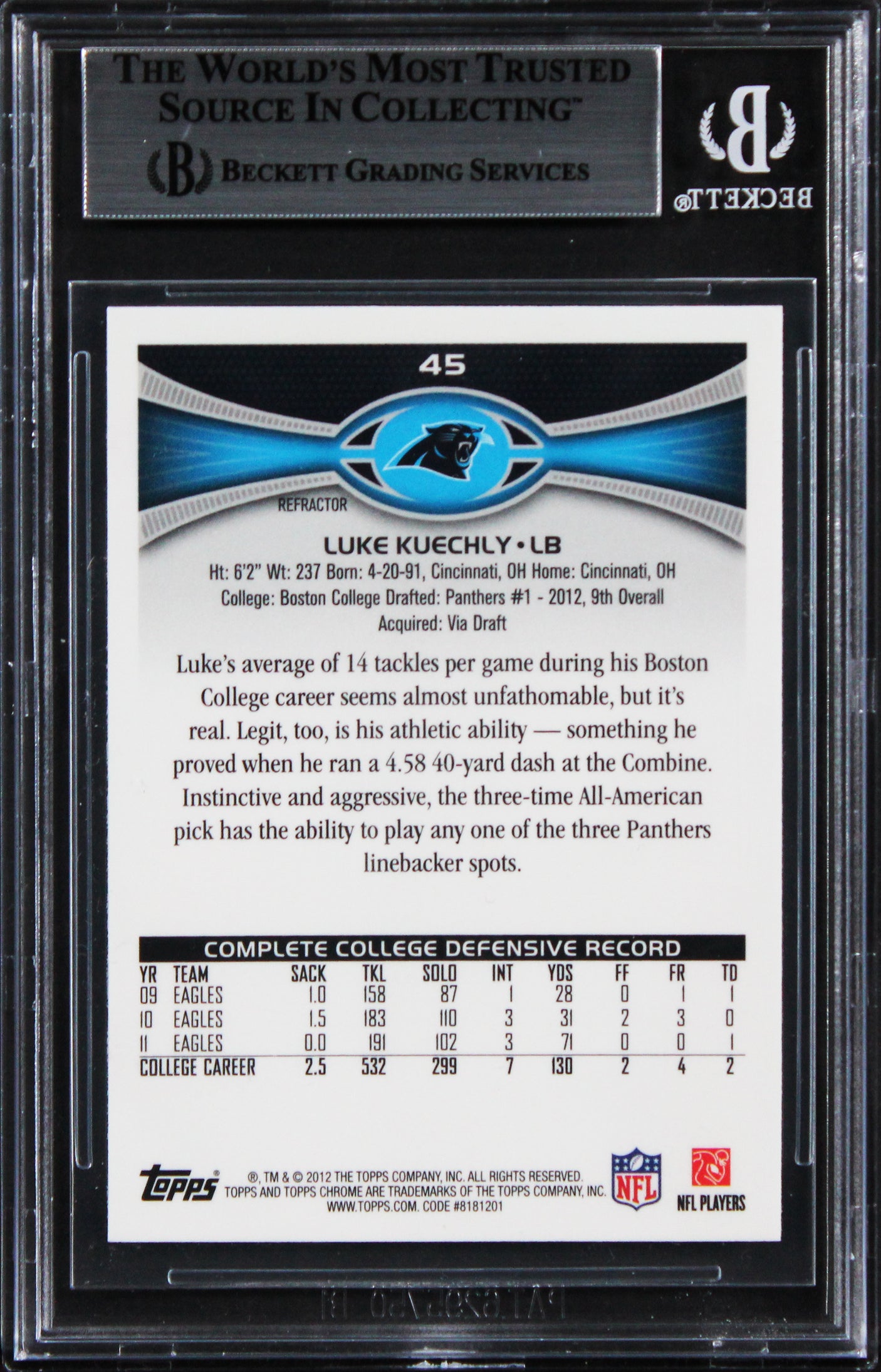 Panthers Luke Kuechly Signed 2012 Topps Chrome Xfractors #45 RC Card BAS Slabbed