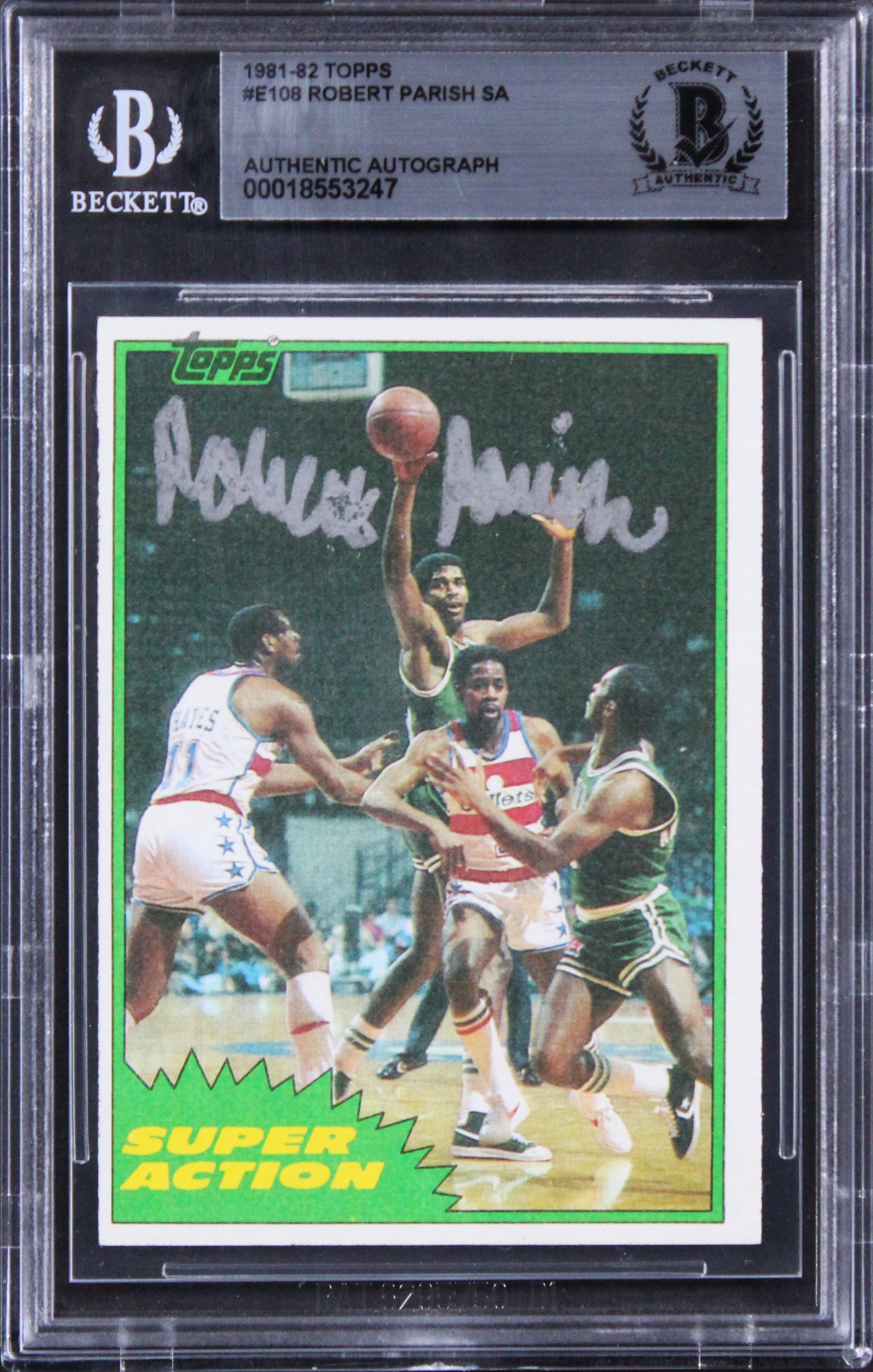 Celtics Robert Parish Signed 1981 Topps Super Action #E108 Card BAS Slabbed