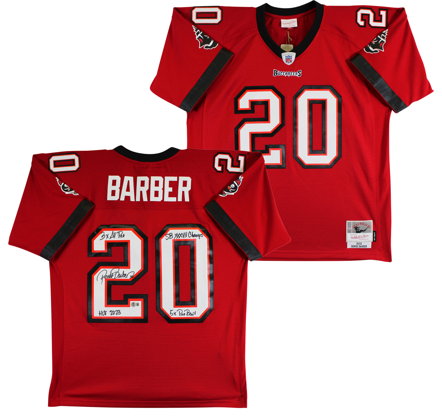 Buccaneers Ronde Barber "4x Insc" Signed Red M&N Throwback Jersey BAS Witnessed