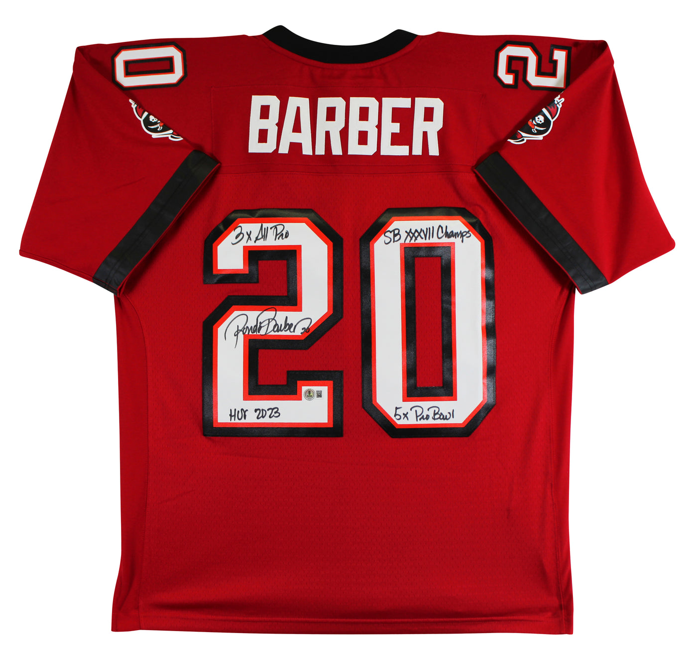 Buccaneers Ronde Barber "4x Insc" Signed Red M&N Throwback Jersey BAS Witnessed