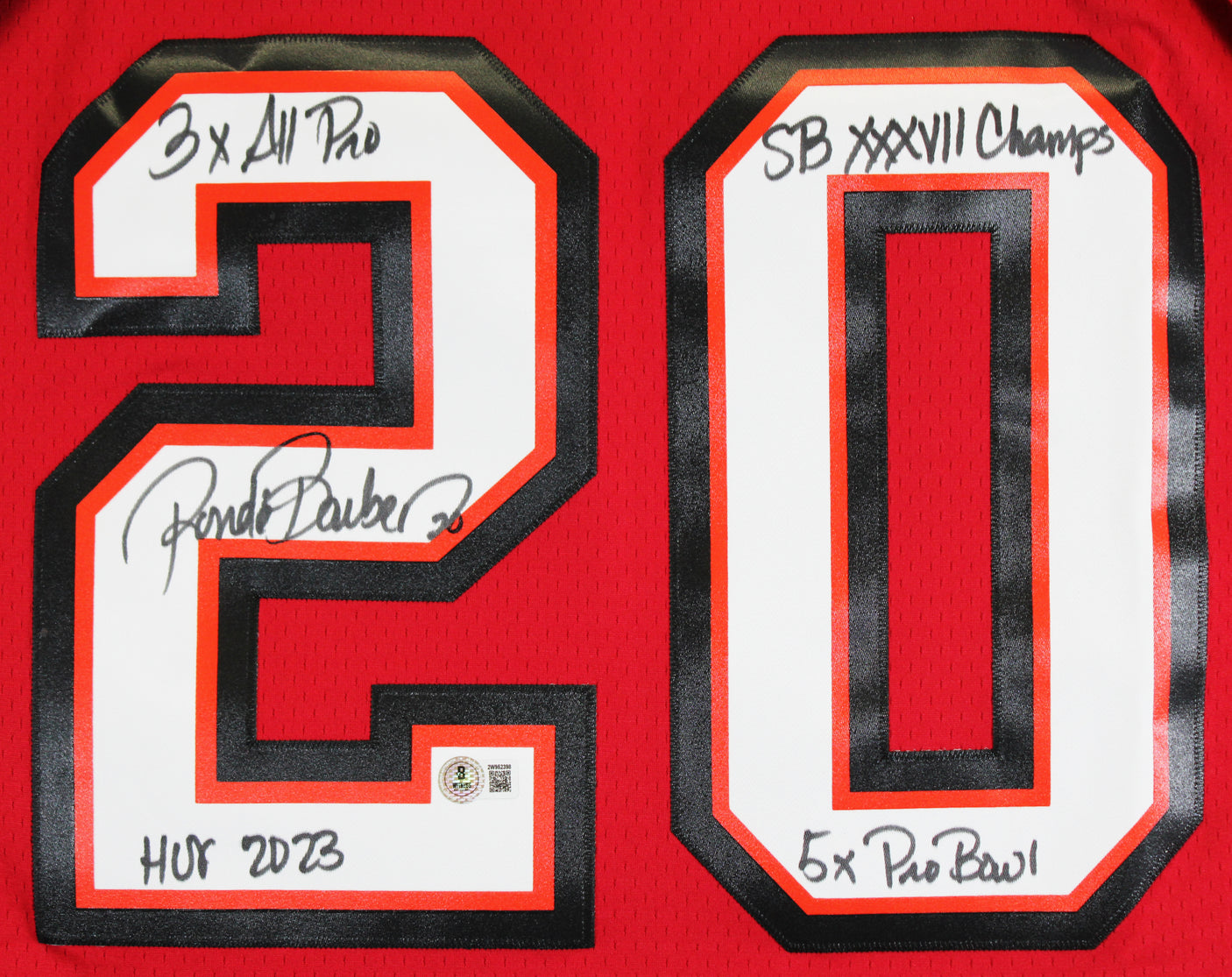 Buccaneers Ronde Barber "4x Insc" Signed Red M&N Throwback Jersey BAS Witnessed