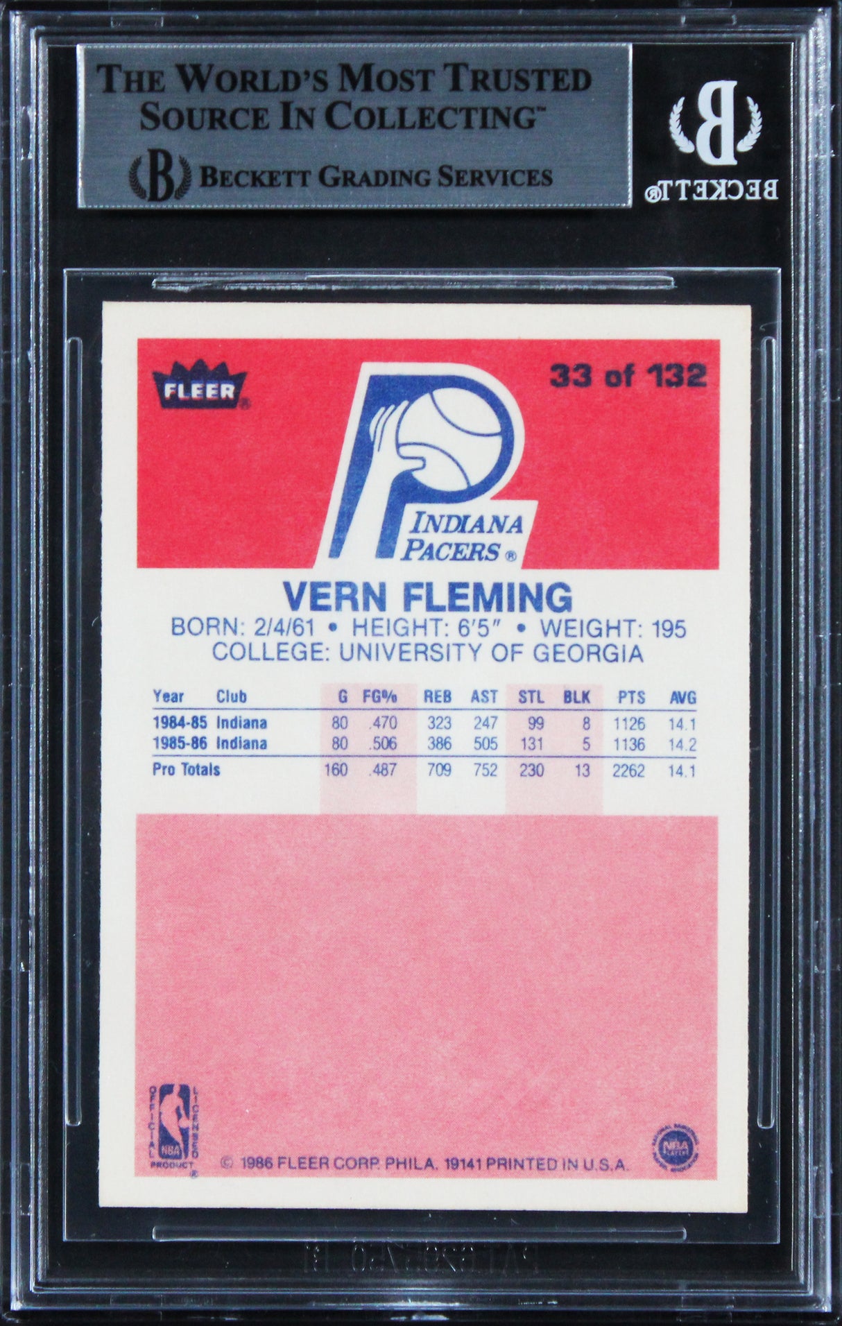 Pacers Vern Fleming Authentic Signed 1986 Fleer #33 Card BAS Slabbed