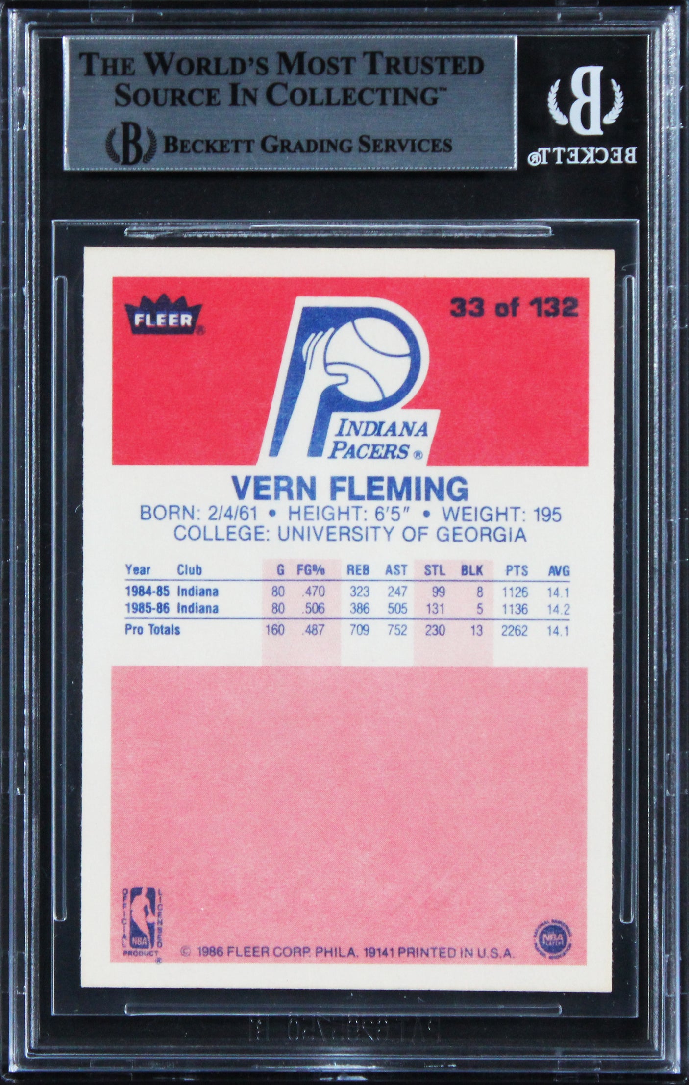 Pacers Vern Fleming Authentic Signed 1986 Fleer #33 Card BAS Slabbed