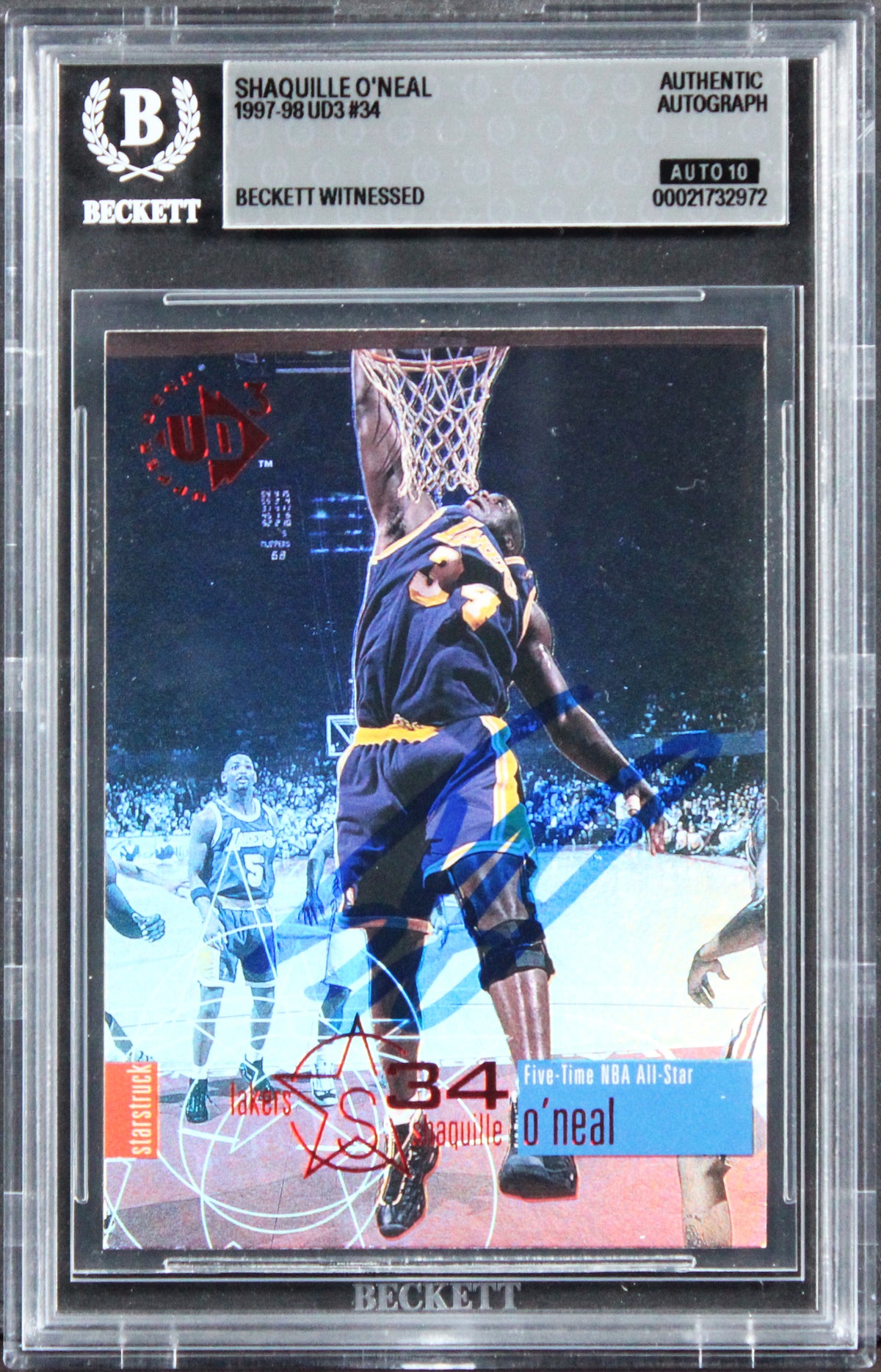 Lakers Shaquille O'Neal Signed 1997 UD3 #34 Card Auto Grade GM 10! BAS Slabbed