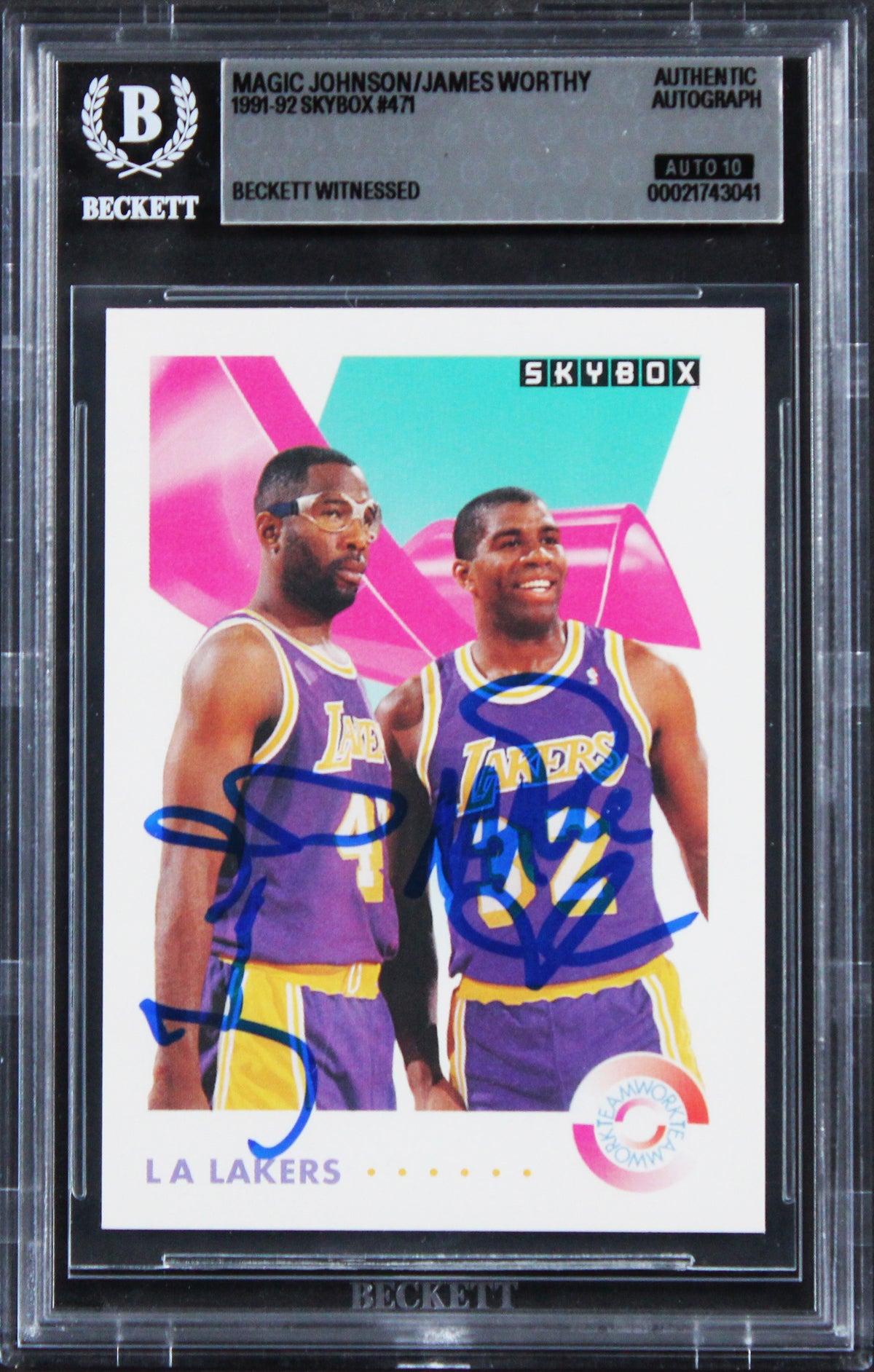 Magic Johnson & James Worthy Signed 1991 Skybox #471 Card Auto 10! BAS Slabbed