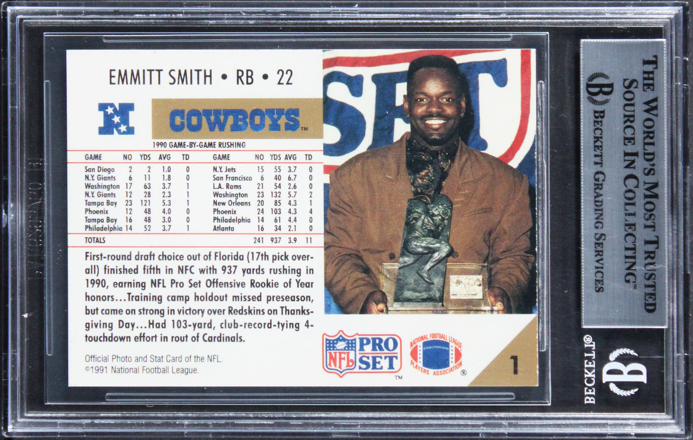 Cowboys Emmit Smith Authentic Signed 1991 Pro Set #1O Card BAS Slabbed