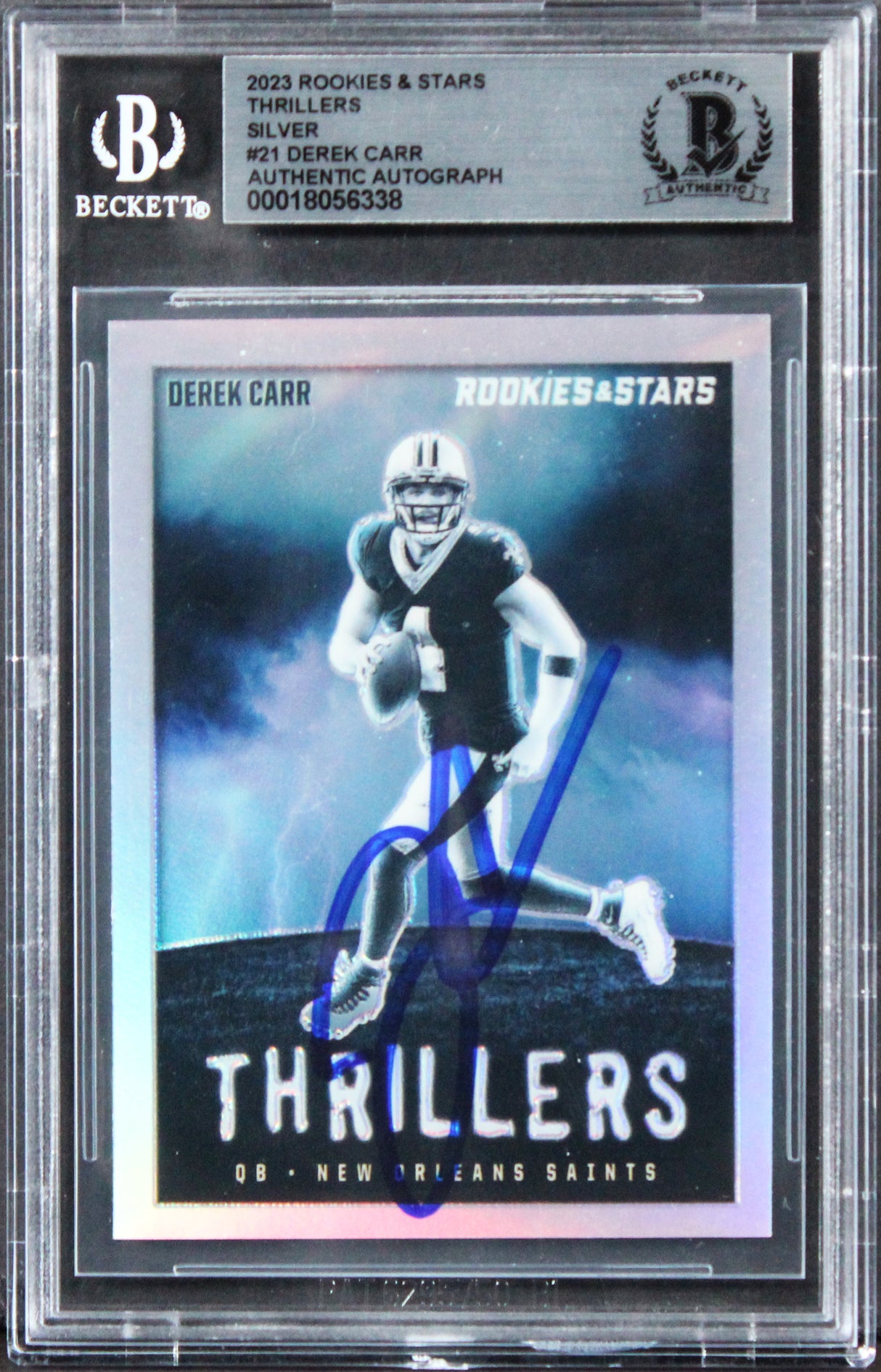 Derek Carr Signed 2023 Rookies & Stars Thrillers Silver #21 Card BAS Slabbed 2