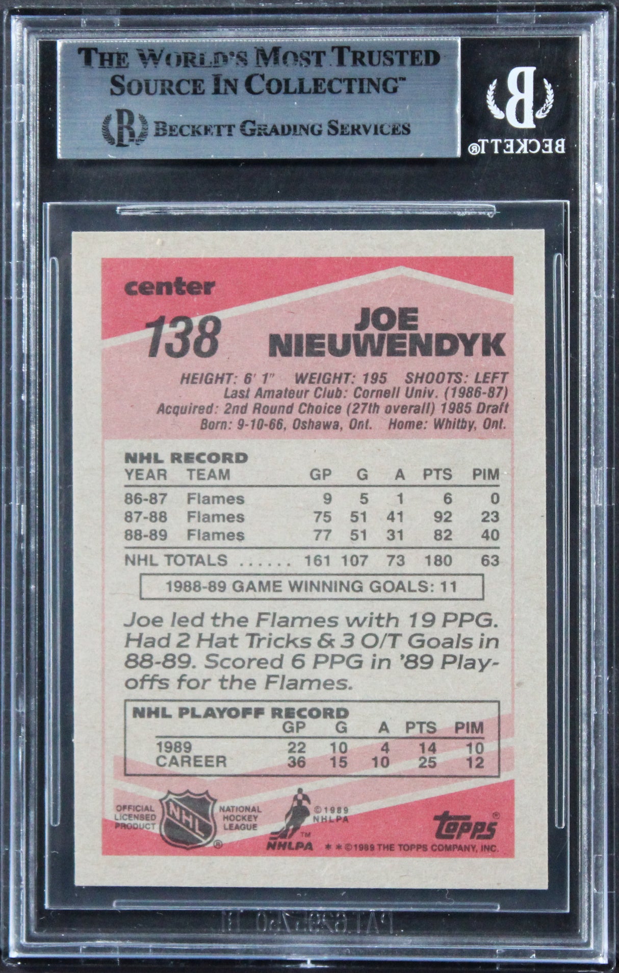 Flames Joe Nieuwendyk Authentic Signed 1989 Topps #138 Card BAS Slabbed