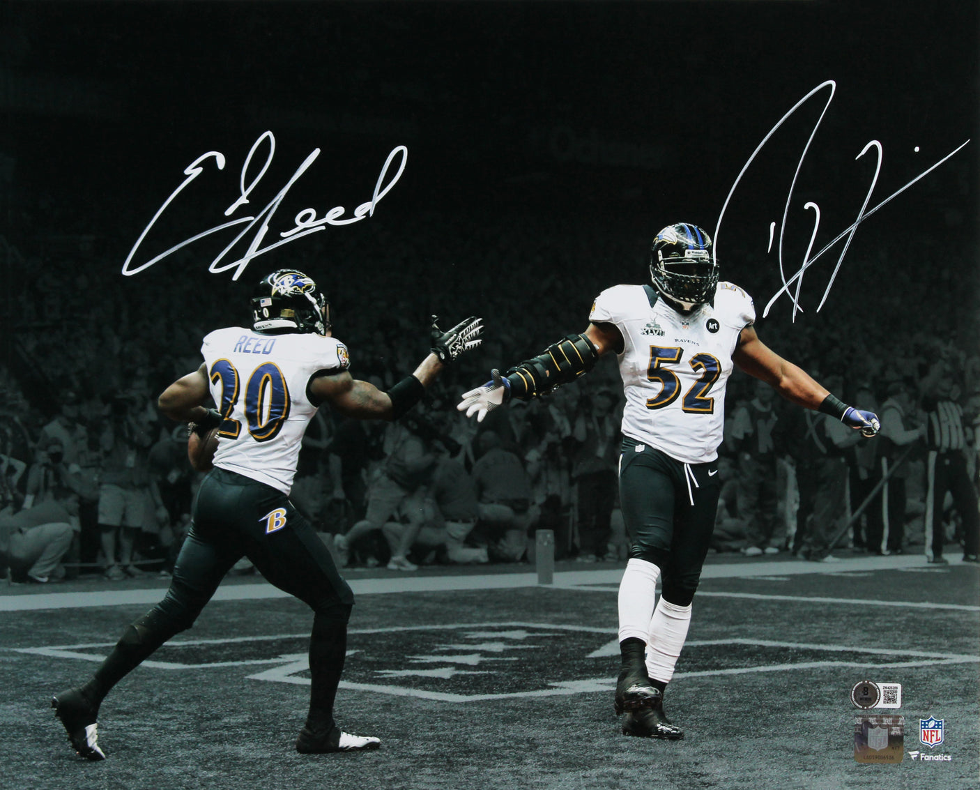 Ravens Ray Lewis & Ed Reed Signed 16x20 Horizontal Spotlight Photo BAS Witnessed