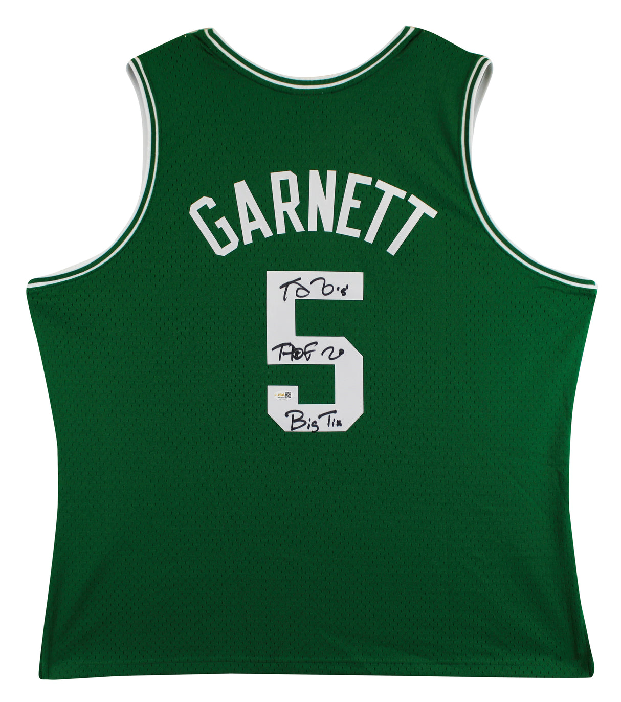 Celtics Kevin Garnett "HOF, Big Tix" Signed Green M&N HWC Swingman Jersey JSA W