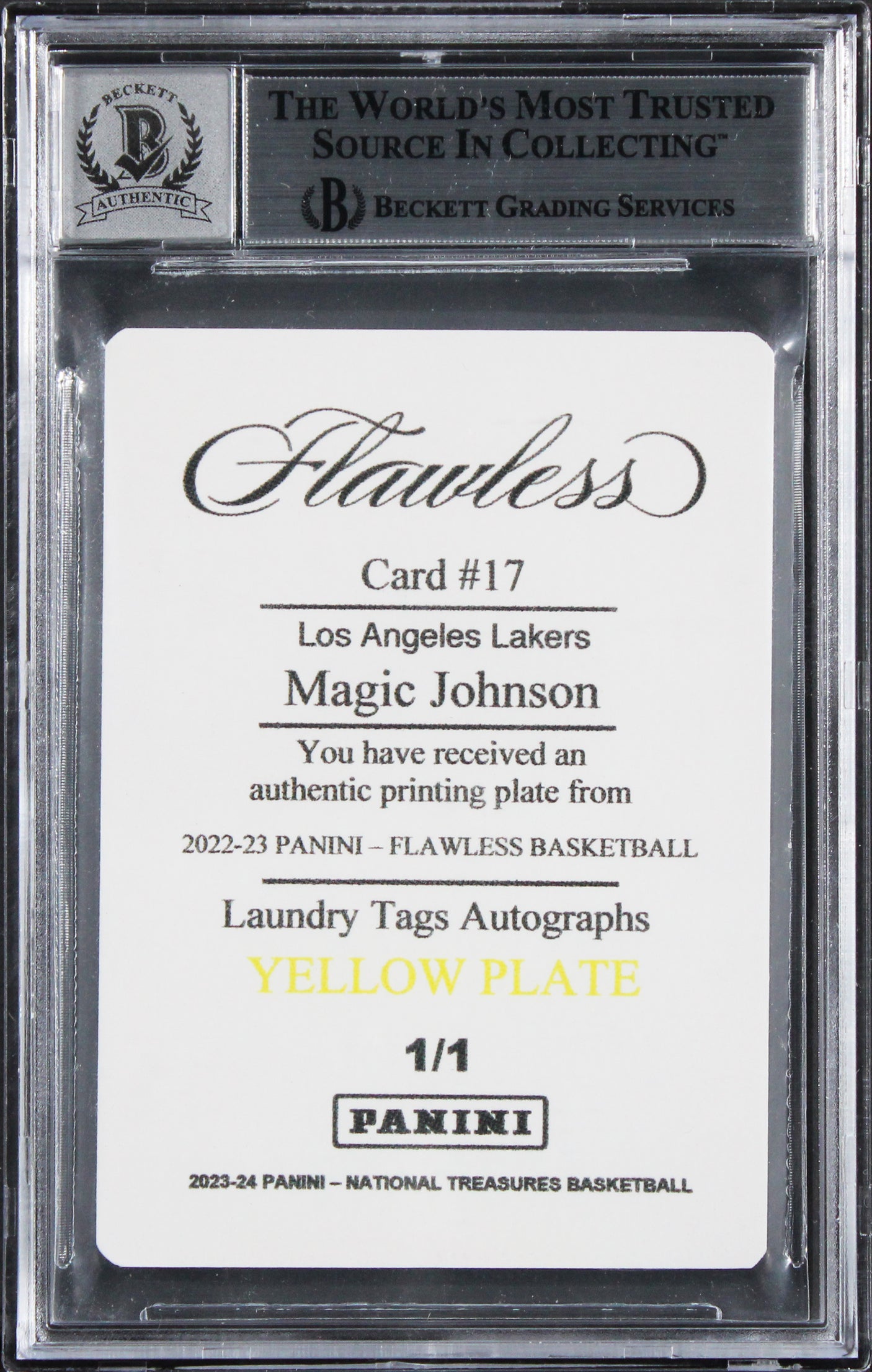 Magic Johnson Signed 2022 Panini Flawless LT PP Yellow #17 Card Auto 10 BAS Slab