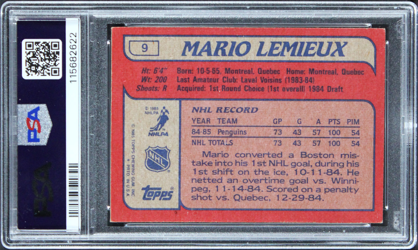 Penguins Mario Lemieux Signed 1985 Topps #9 RC Card Ex 5 Auto 10! PSA/DNA Slab