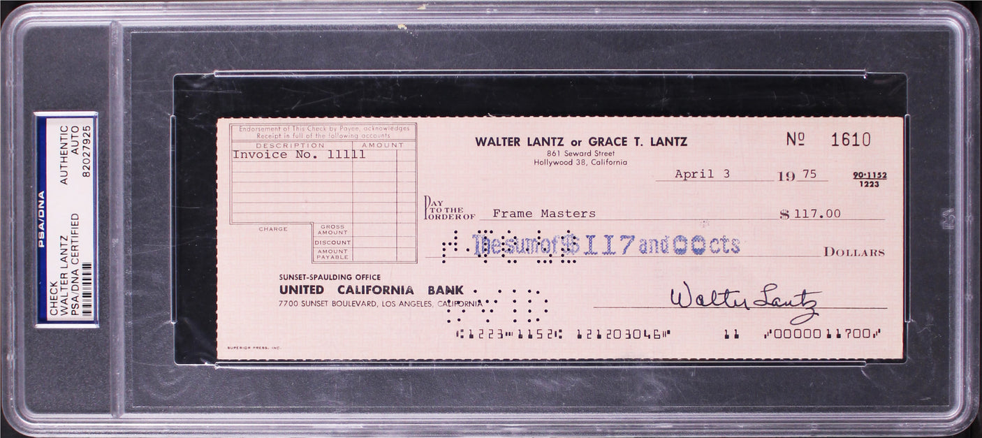 Walter Lantz Woody Woodpecker Authentic Signed 3x8.25 1975 Check PSA/DNA Slabbed