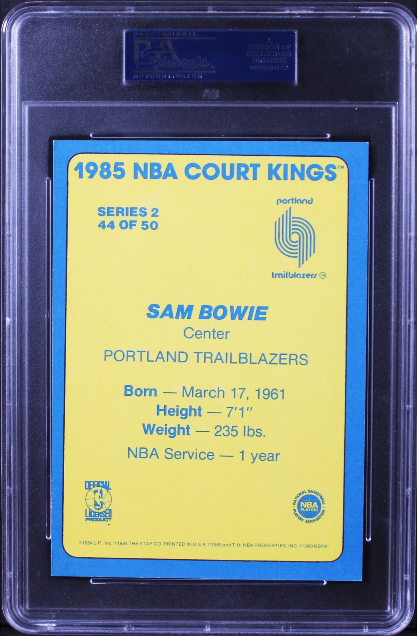 Blazers Sam Bowie Signed 5x7 1985 Star NBA Court Kings #44 Card PSA/DNA Slab