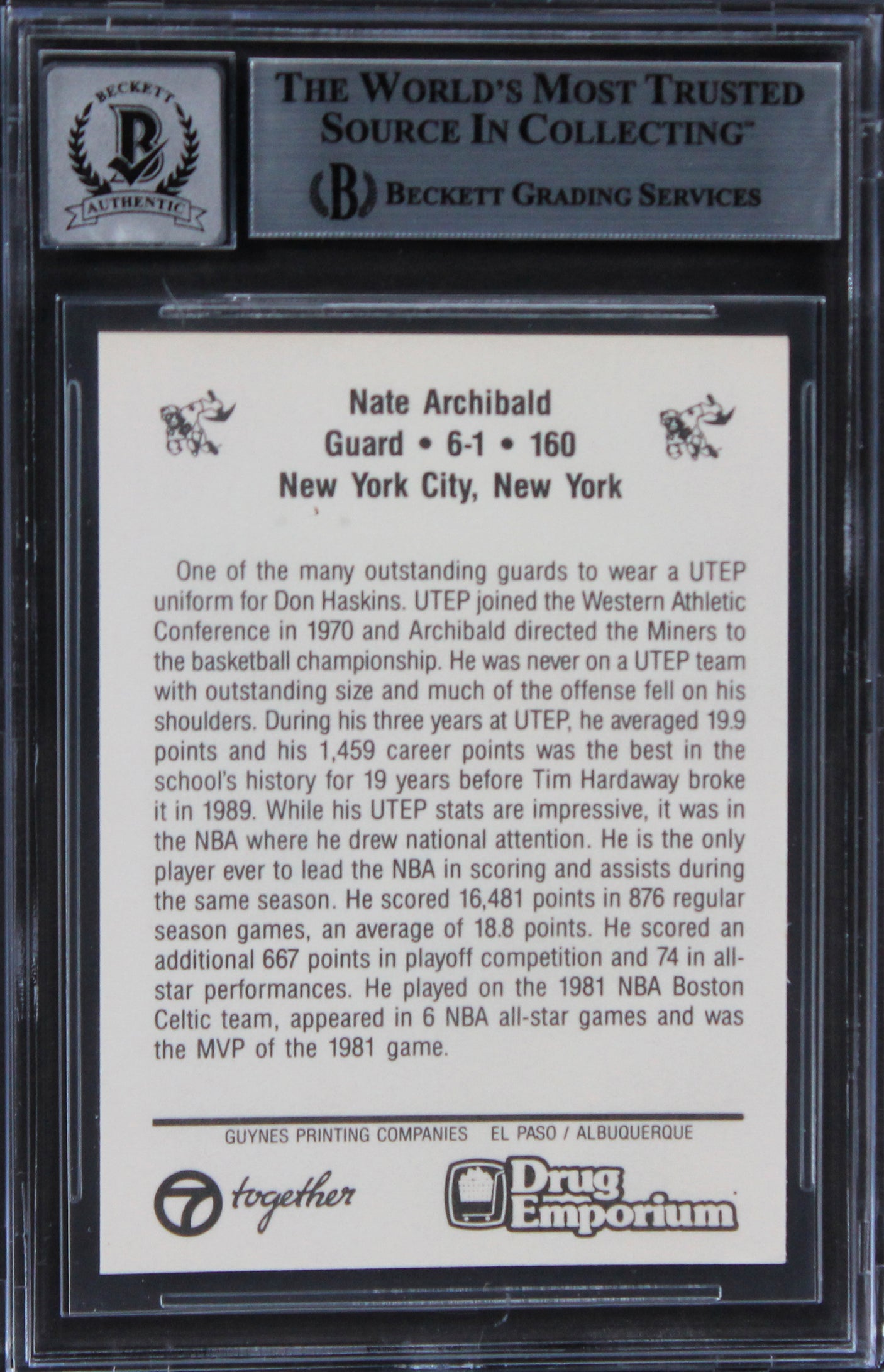 Nate Archibald Authentic Signed 1989 Utep #1 Card Auto Graded 10! BAS Slabbed