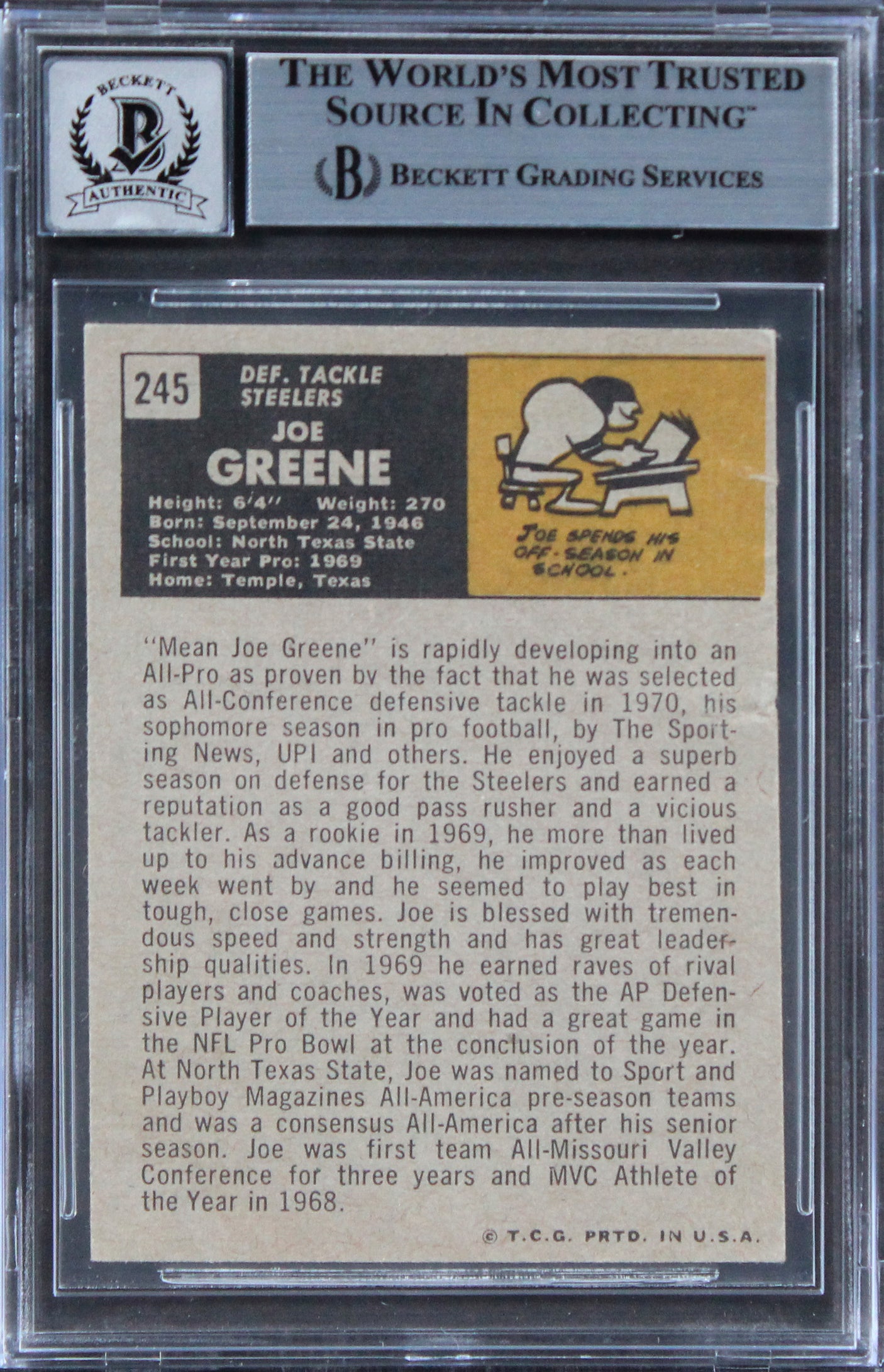 Steelers Joe Greene Authentic Signed 1971 Topps #245 Card Auto 10 BAS Slab 14
