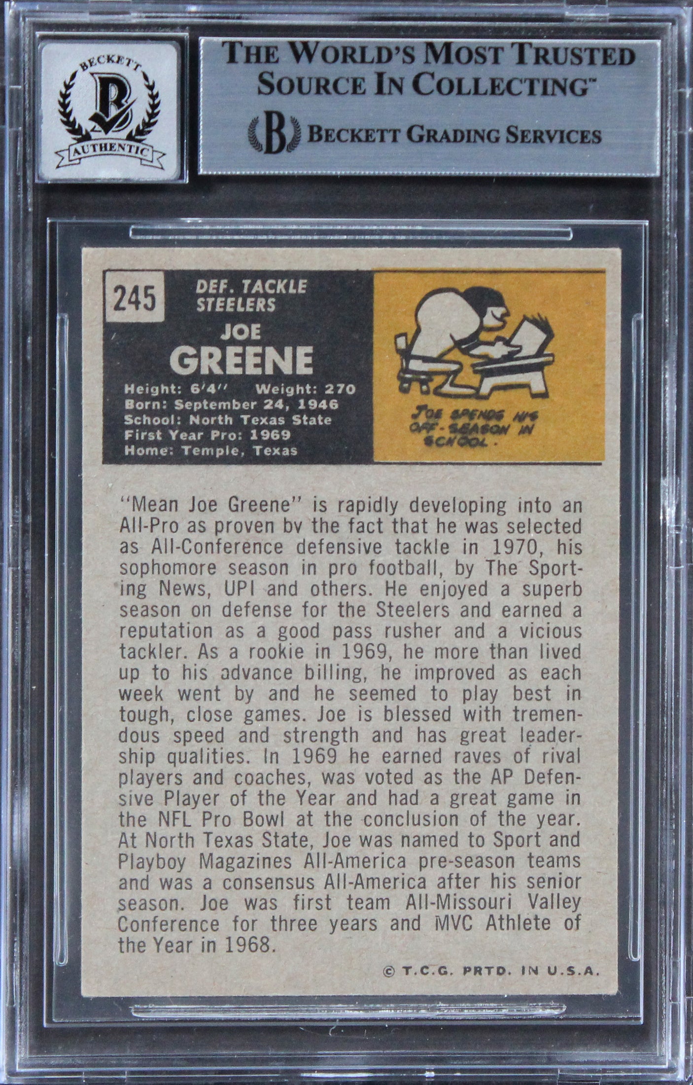 Steelers Joe Greene Authentic Signed 1971 Topps #245 Card Auto 10 BAS Slab 11