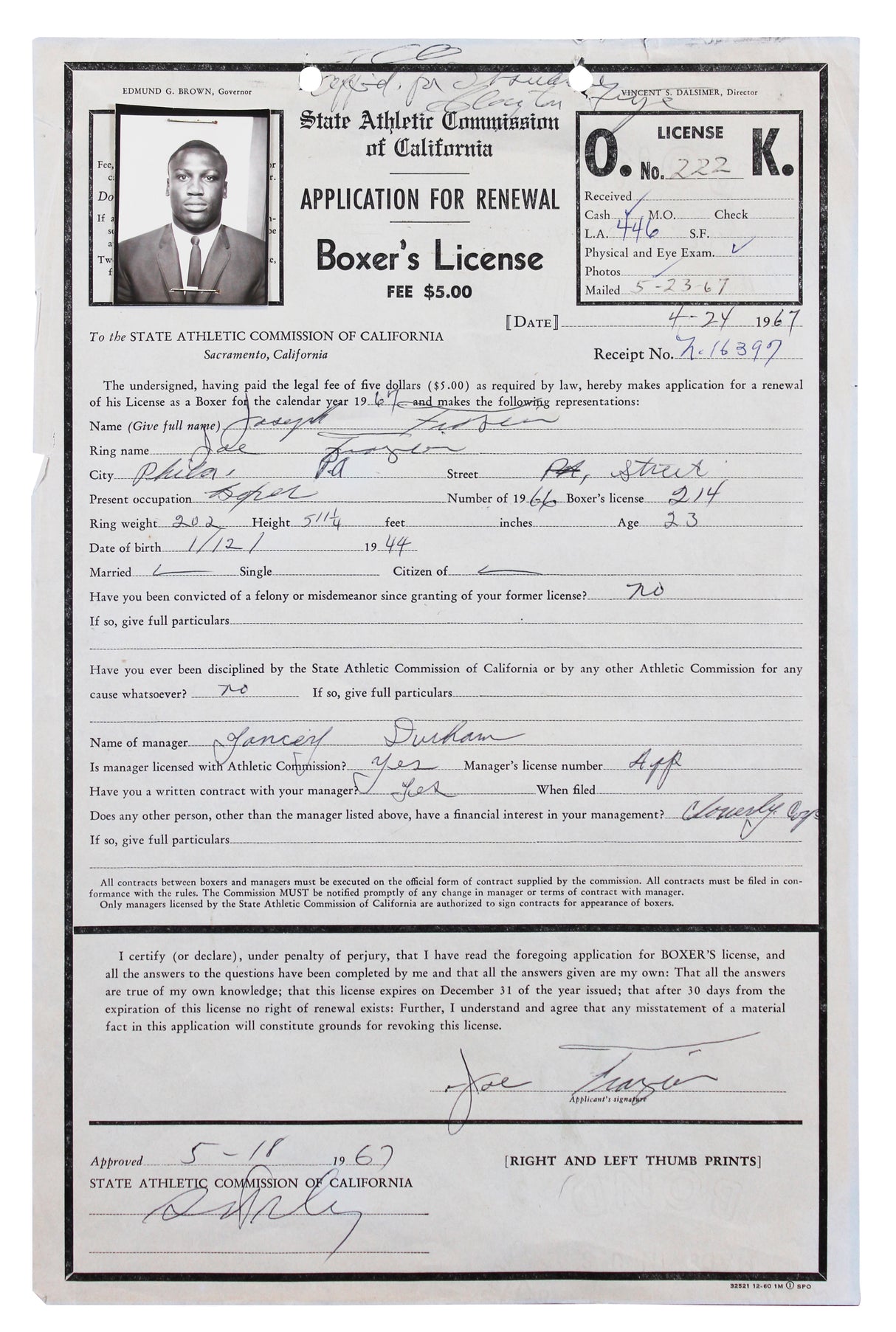 Joe Frazier Authentic Signed 8.5x13 1967 Boxing License Renewal App JSA #ZZ80605