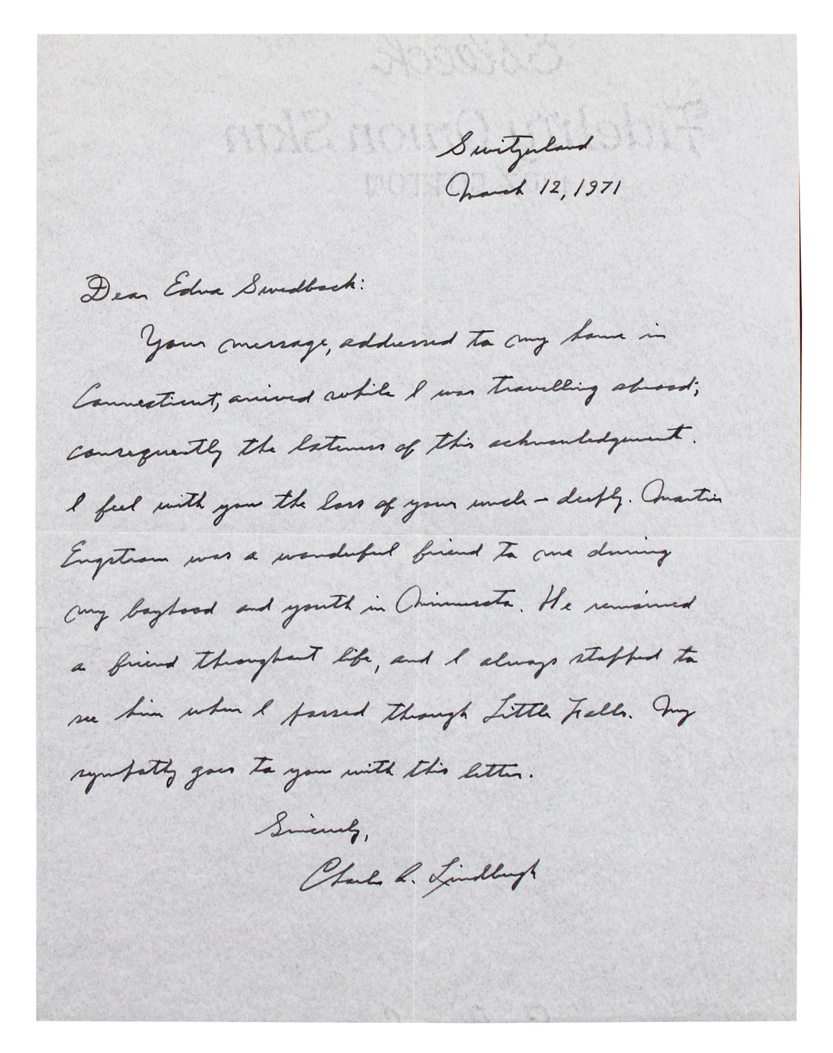 Charles Lindbergh Signed 8.5x11 1971 Handwritten Letter Auto 9! JSA #ZZ80611
