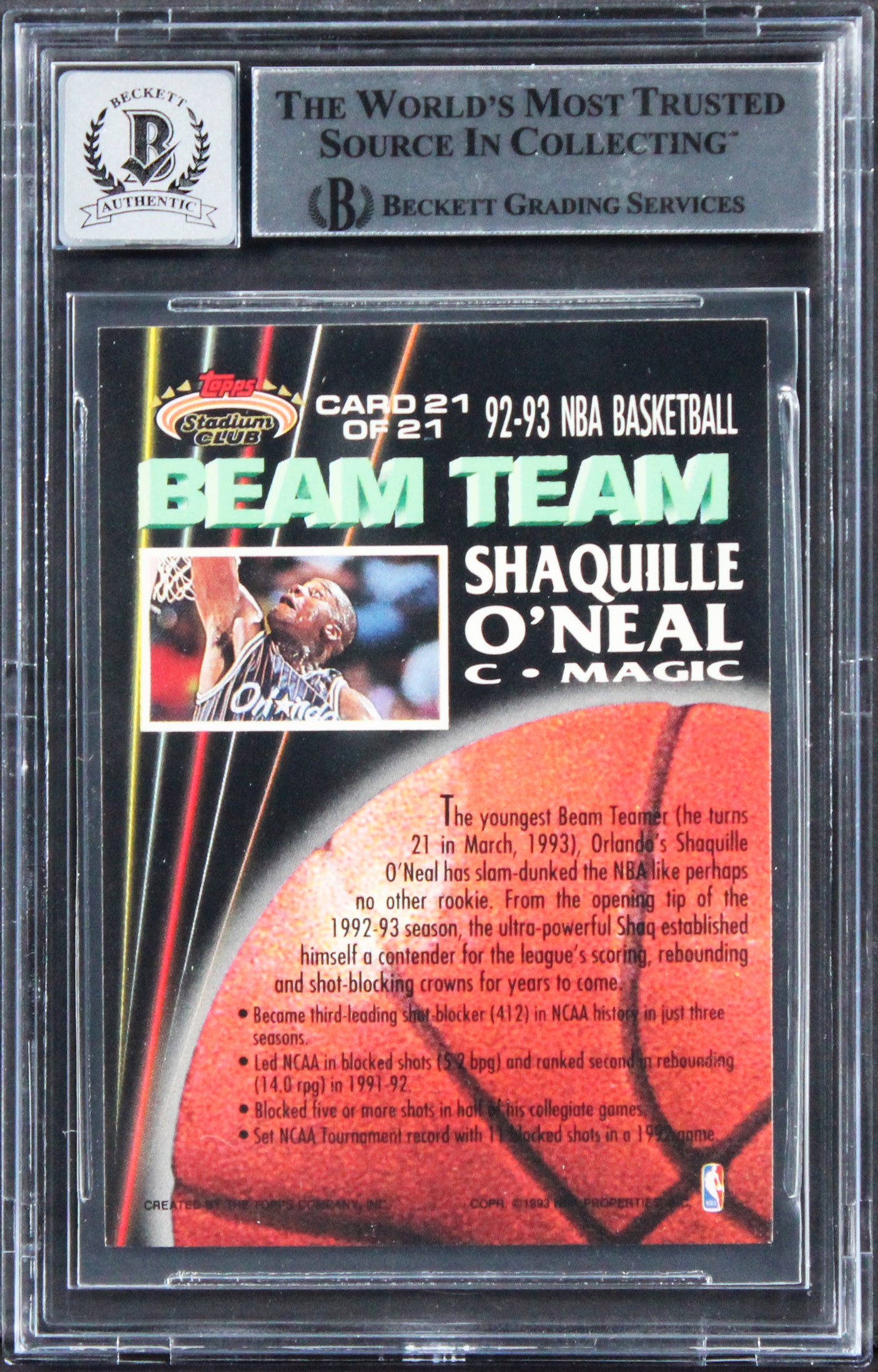 Shaquille O'Neal Signed 1992 Stadium Club Beam Team RC Auto Grade 10 BAS Slab 7