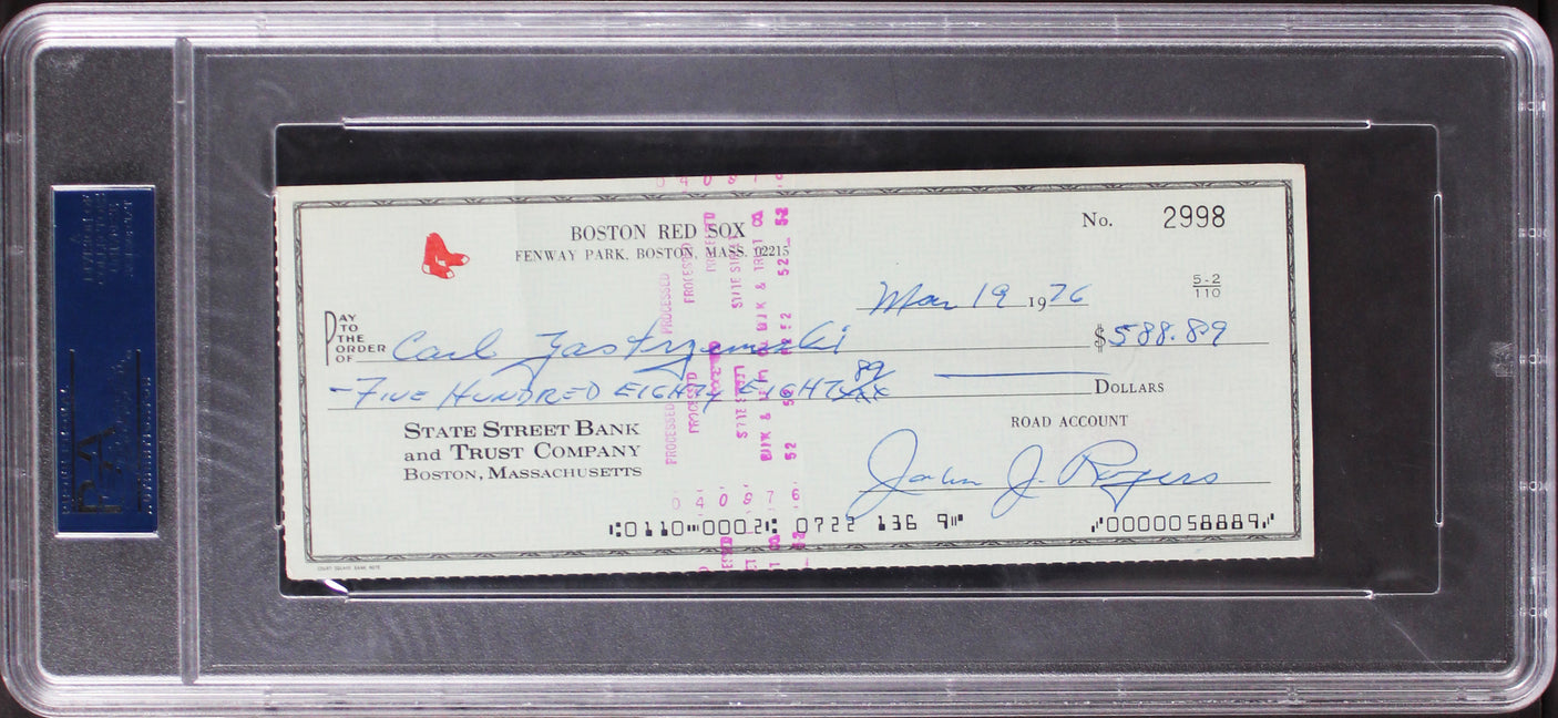 Red Sox Carl Yastrzemski Authentic Signed 3x8.25 Check March 19, 1976 PSA Slab